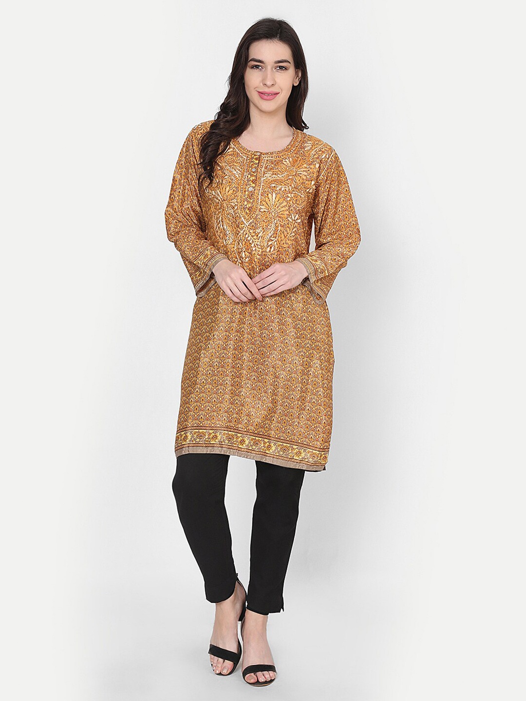 

HOUSE OF KARI Ethnic Motif Printed Thread Work A-Line Tunic, Mustard