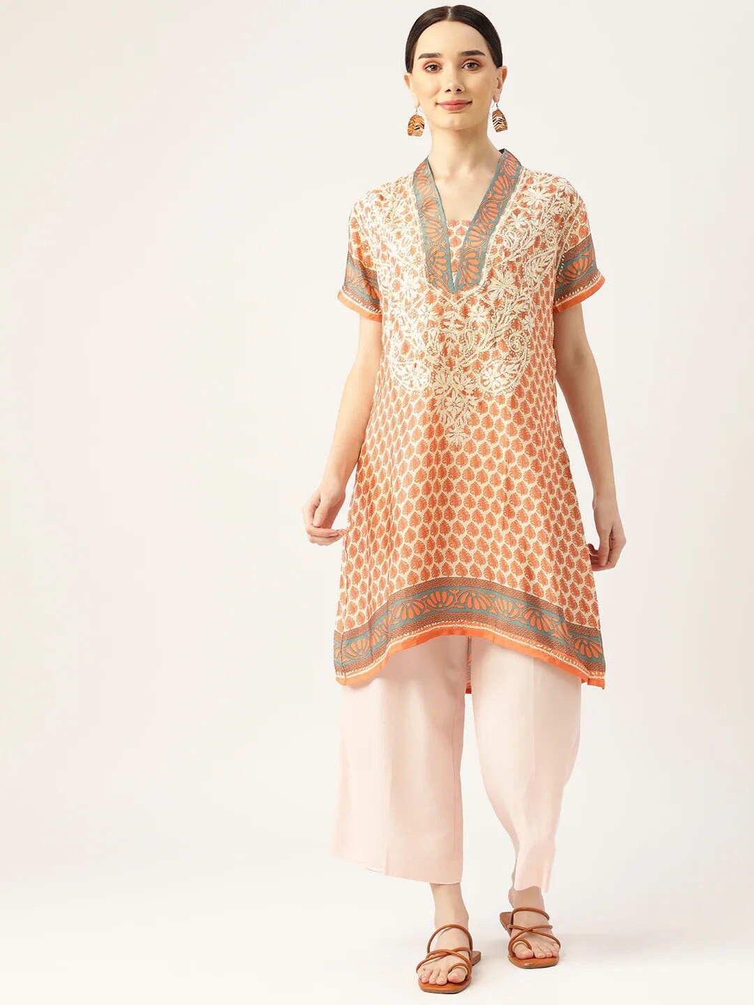 

HOUSE OF KARI Asymmetric Ethnic Motifs Printed Thread Work Kurta, Orange