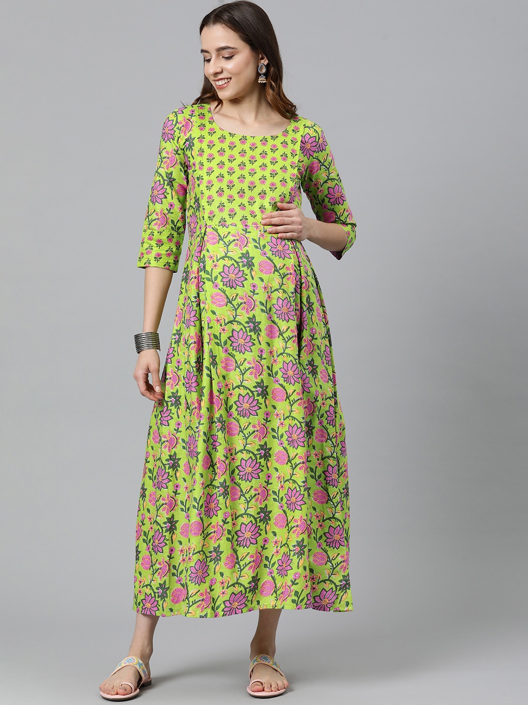 

Swishchick Floral Printed Fit & Flare Maternity Maxi Dress, Green