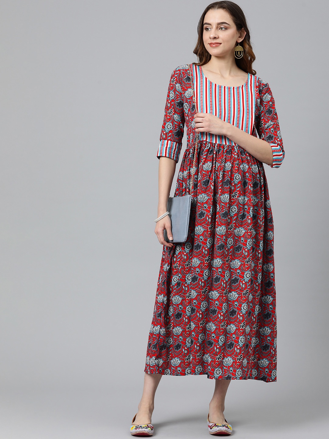 

Swishchick Ethnic Motifs Printed Fit & Flare Maternity Maxi Dress, Red