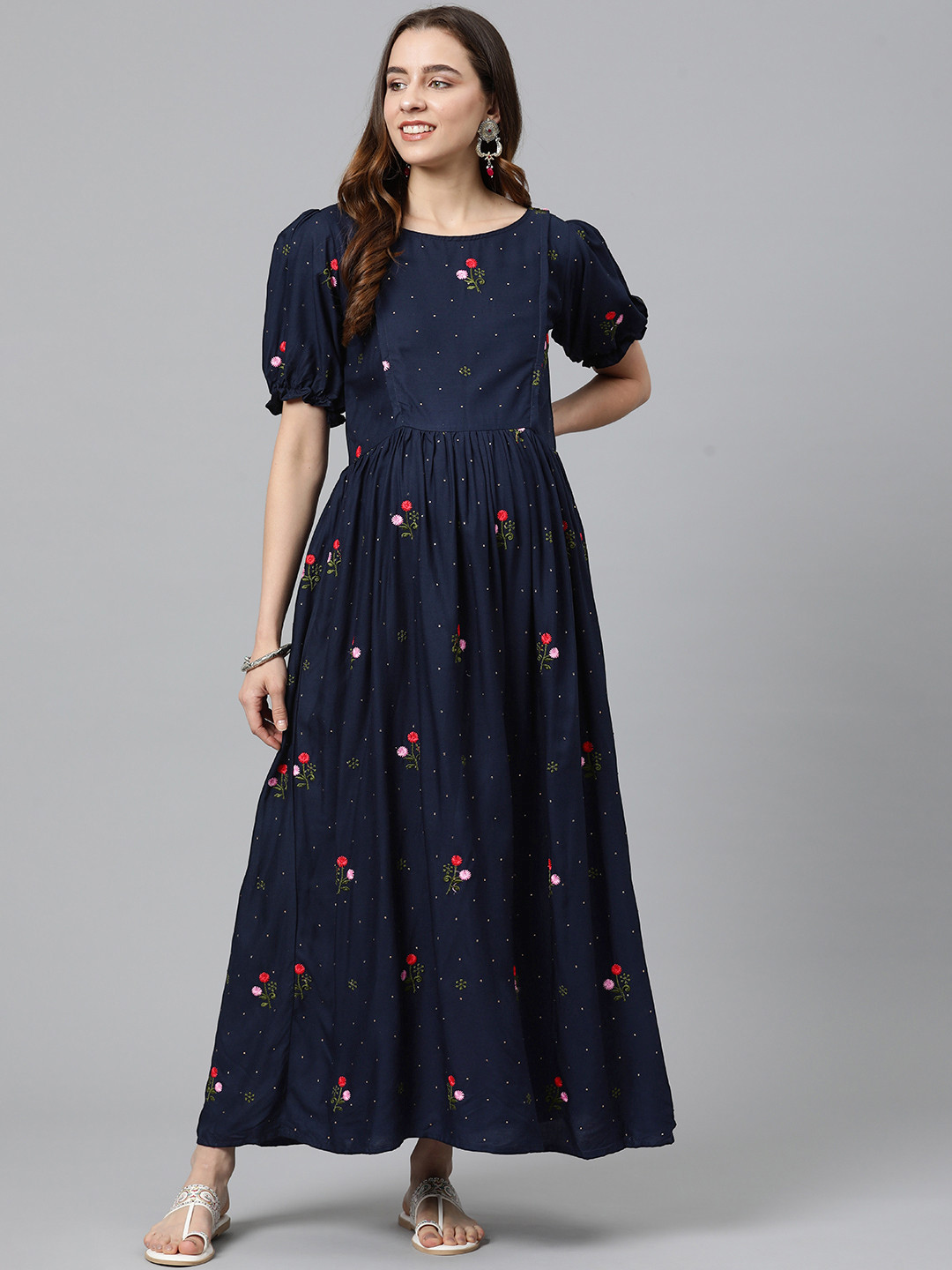 

Swishchick Floral Embroidered Fit & Flare Maternity Maxi Dress, Navy blue