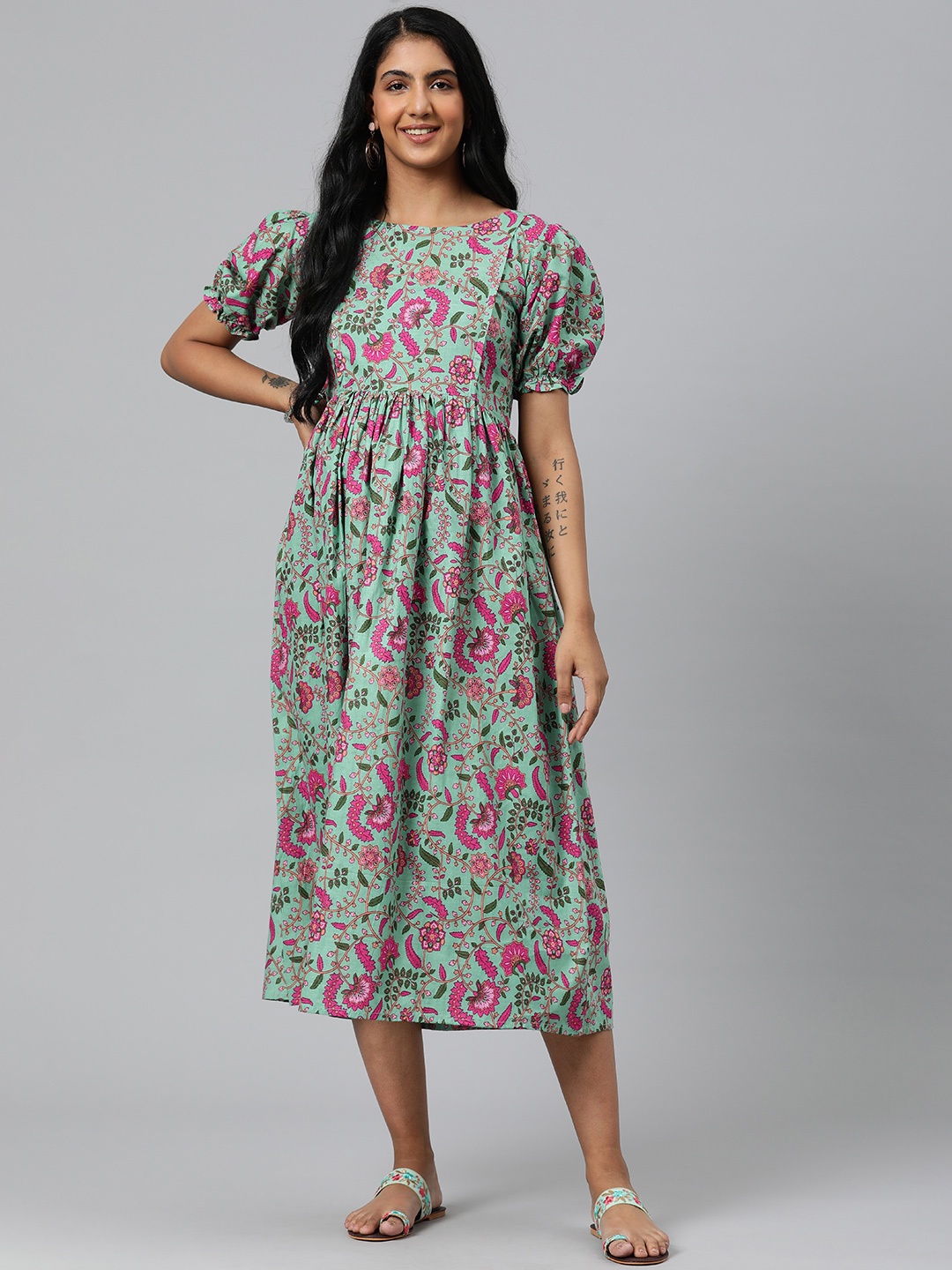 

Swishchick Floral Maternity Puff Sleeves Midi Ethnic Dress, Sea green