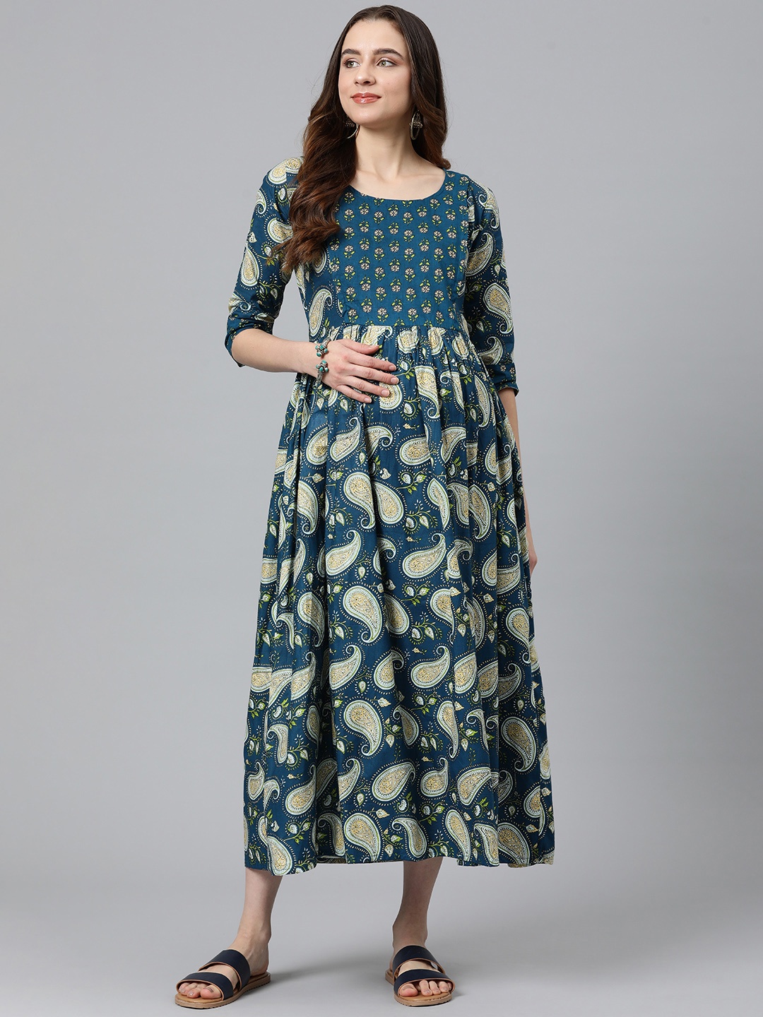 

Swishchick Ethnic Motifs Printed Fit & Flare Maternity Maxi Dress, Blue