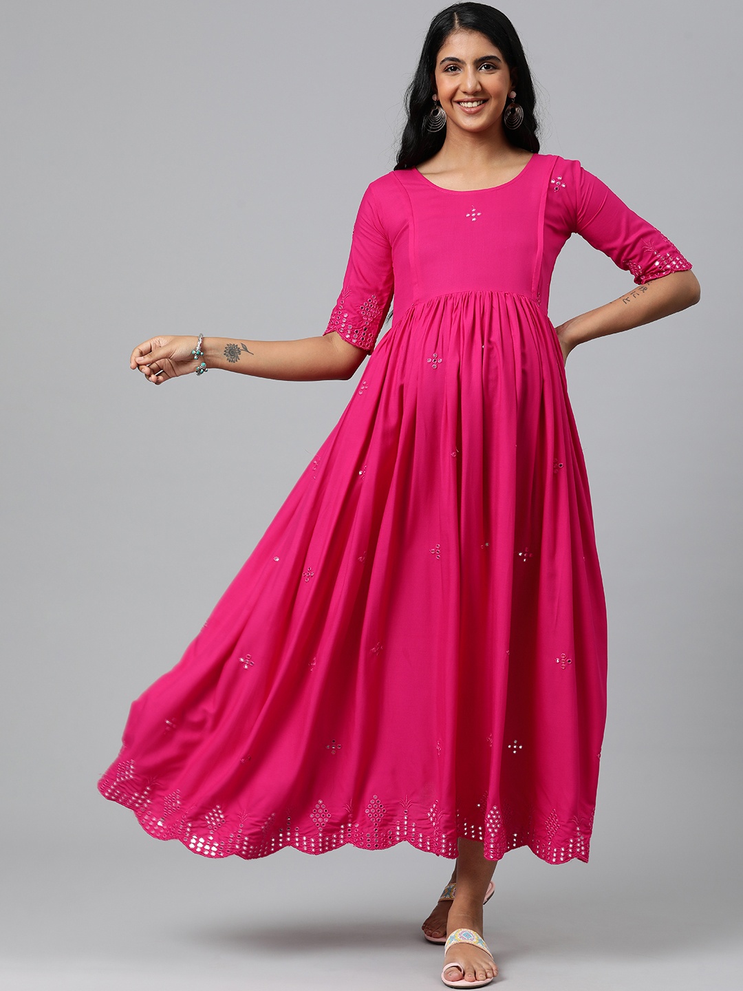 

Swishchick Embellished Maternity Maxi Ethnic Dress, Pink