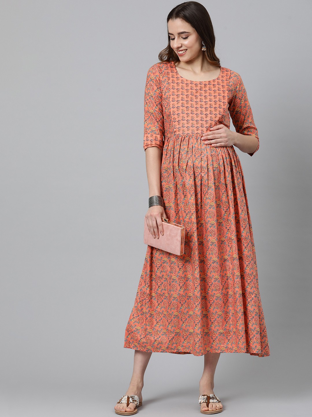 

Swishchick Floral Maternity Midi Ethnic Dress, Orange