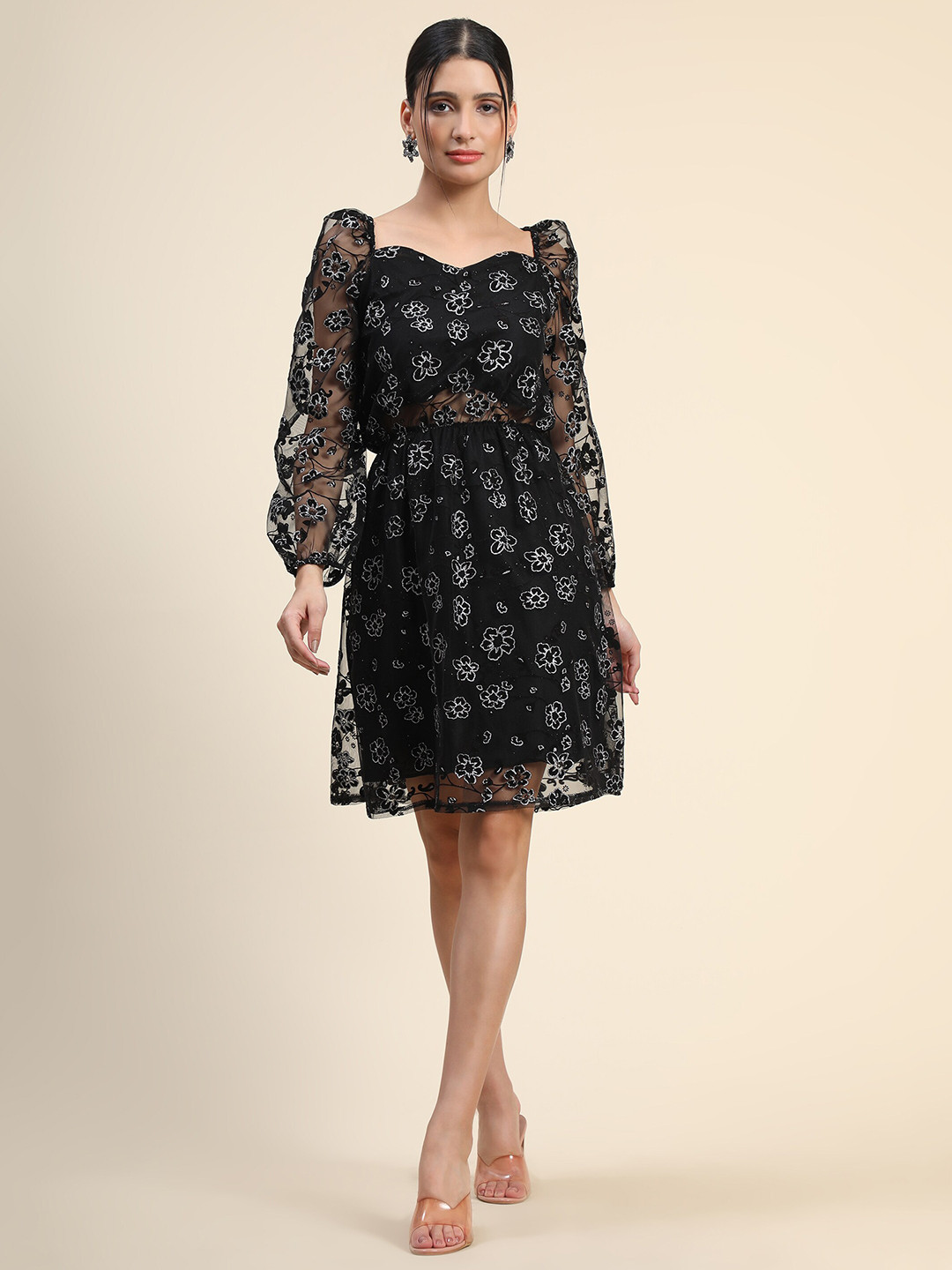 

WESTHOOD Floral Printed Puff Sleeves Net Dress, Black