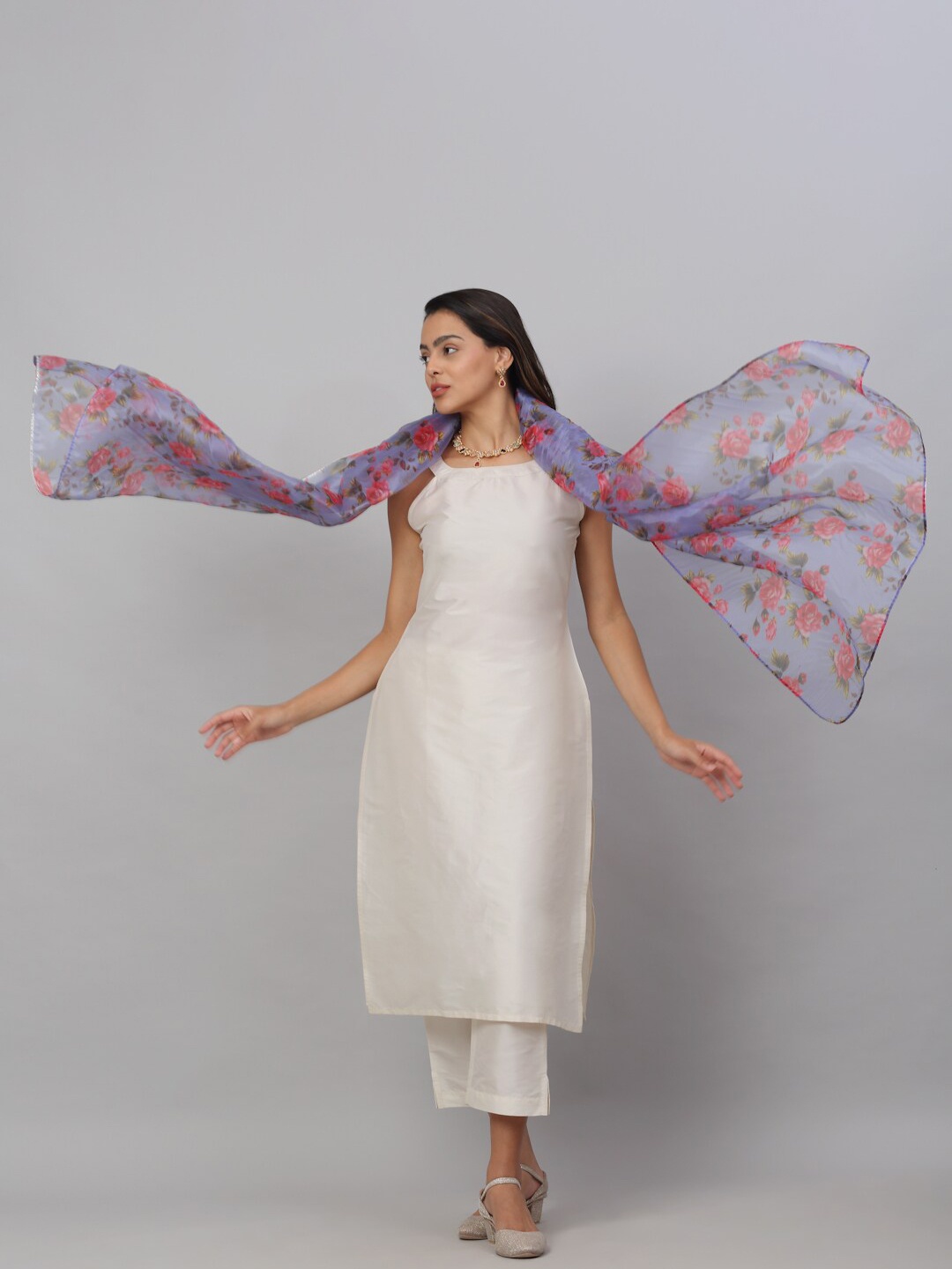

NEUDIS Sleeveless Straight Kurta with Palazzos & With Floral Printed Dupatta, Off white