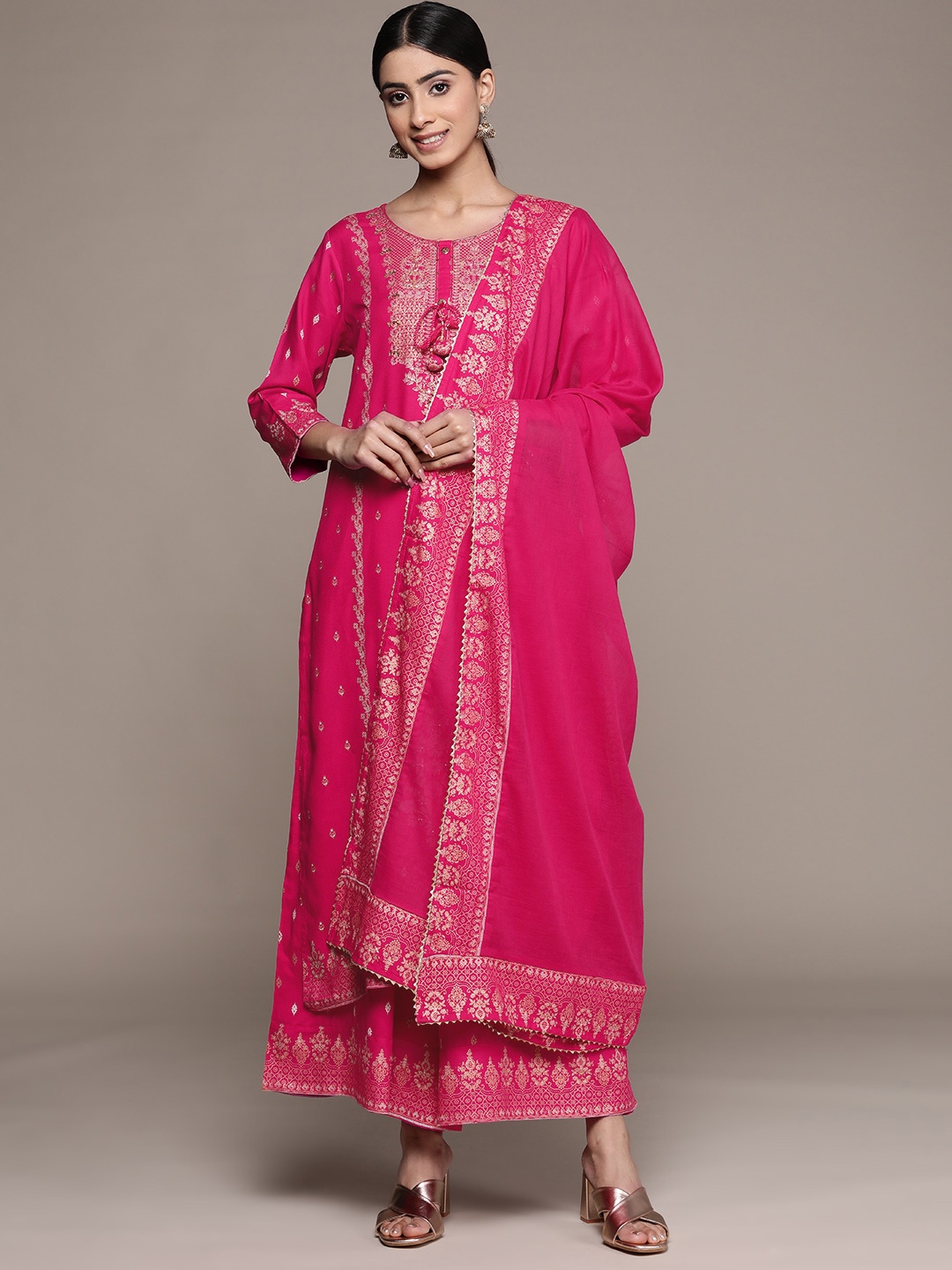 

Ishin Women Ethnic Motifs Embroidered Sequinned Kurta with Sharara & With Dupatta, Pink