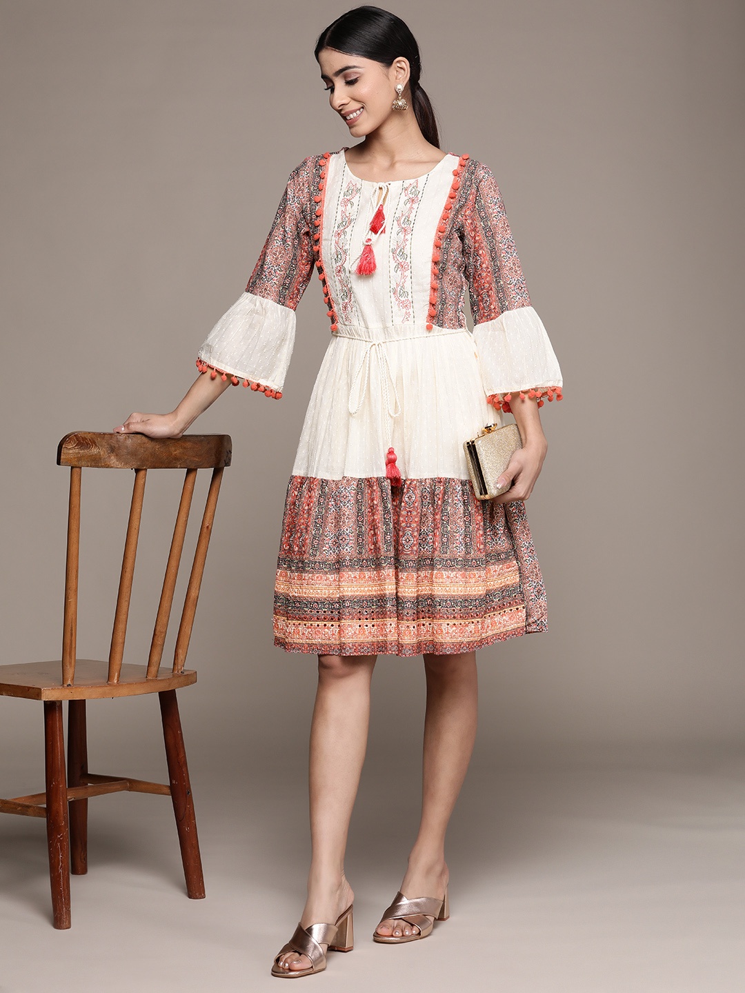

Ishin Floral Embroidered Tie-Up Neck Cotton A-Line Dress, Multi