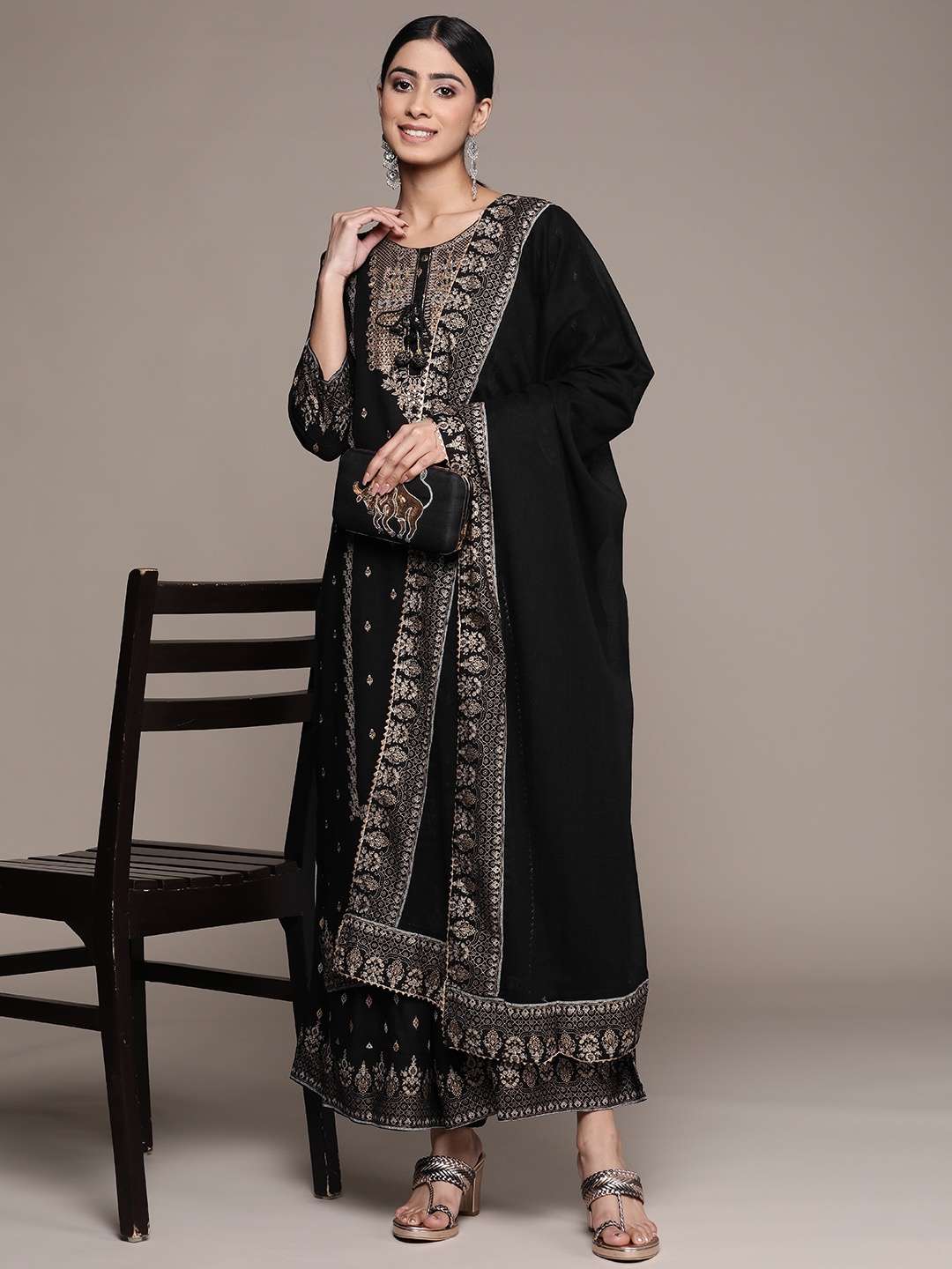 

Ishin Embroidered Kurta with Sharara & Dupatta, Black