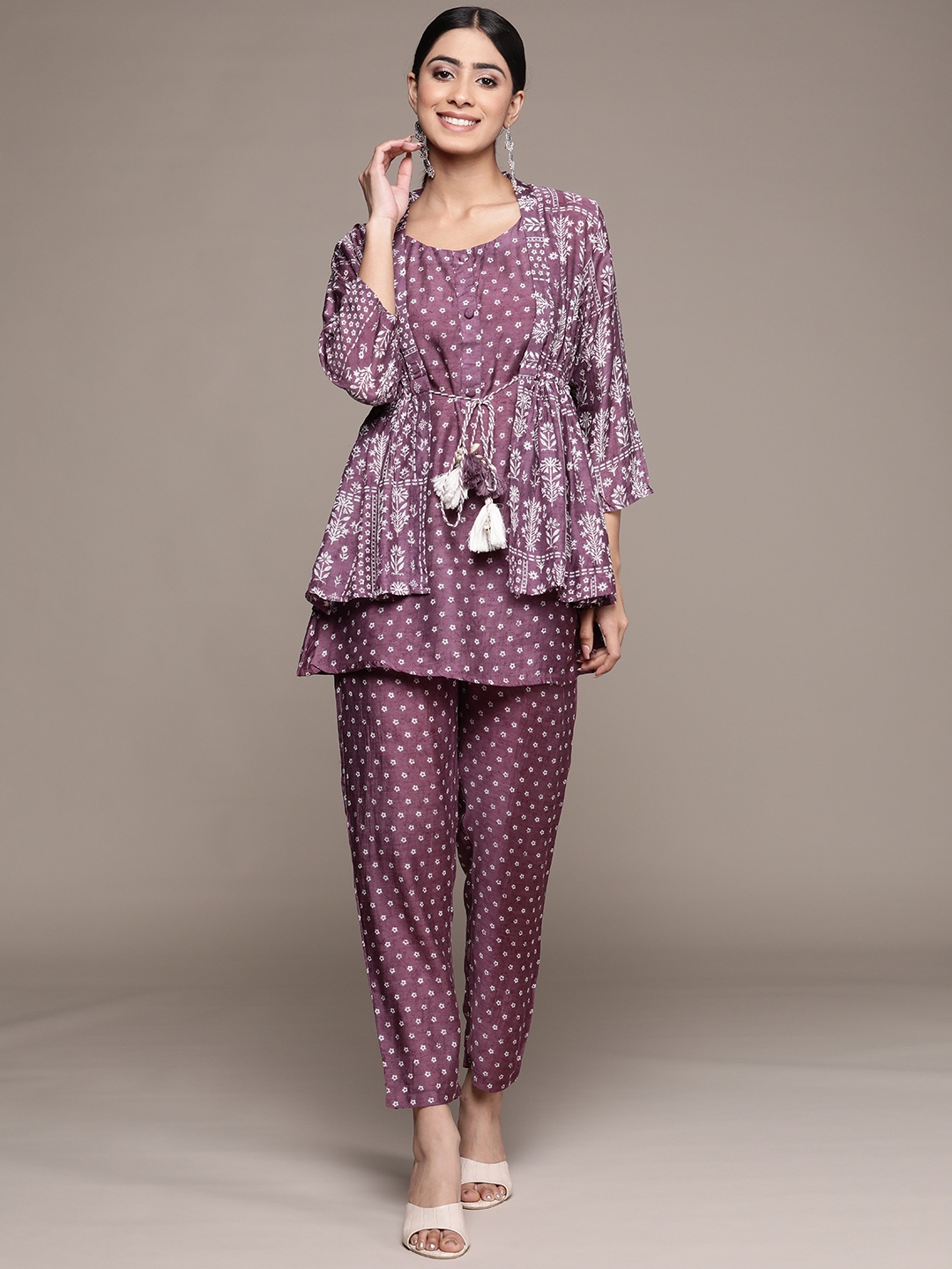 

Ishin Women Floral Printed Tunic With Trousers & Shrug, Purple