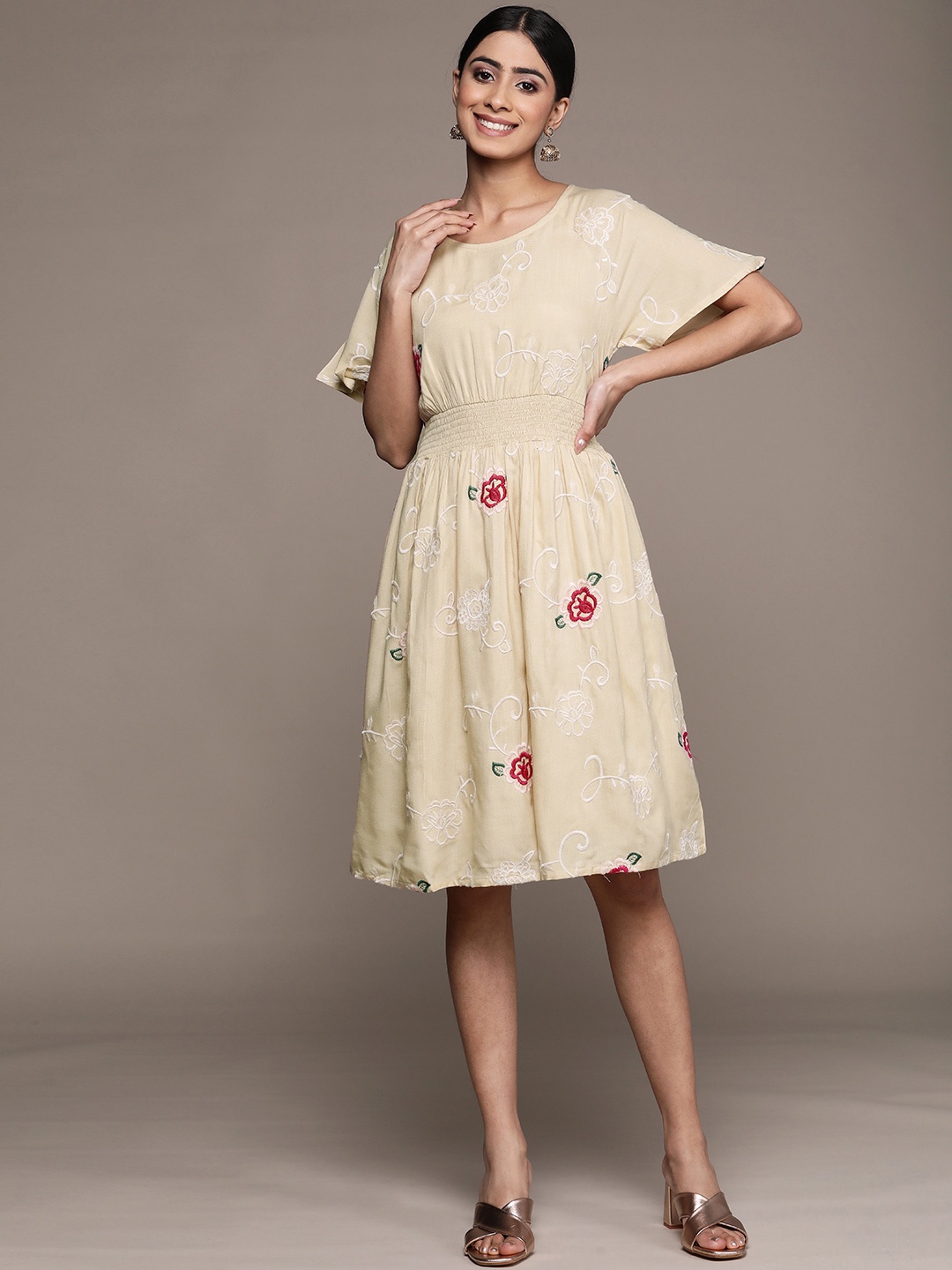 

Ishin Floral Embroidered A-Line Dress, Beige