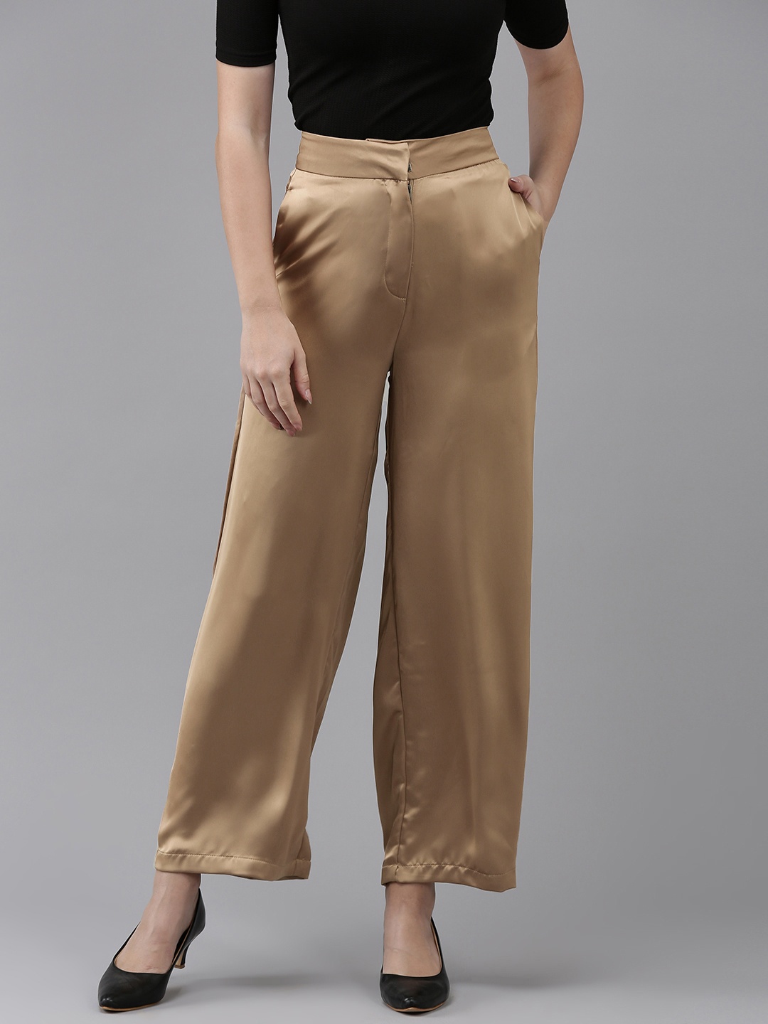 

Van Heusen Woman Solid Satin Finish Mid-Rise Parallel Trousers, Brown