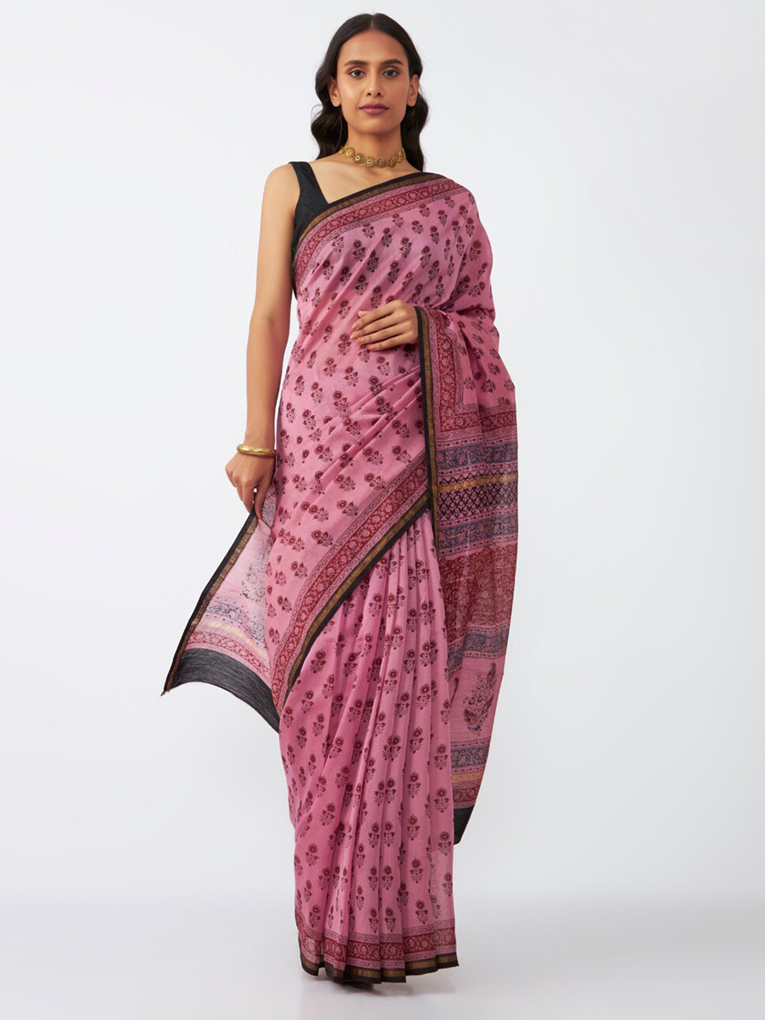 

Taneira Floral Silk Cotton Block Print Saree, Pink