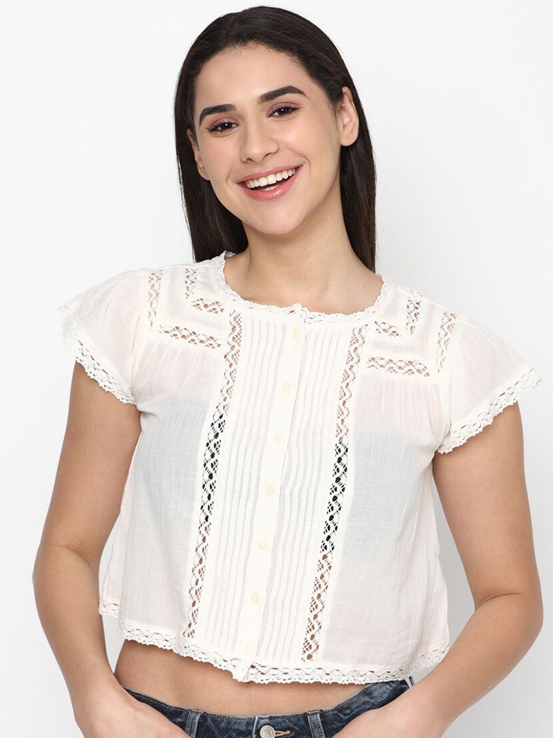 

AMERICAN EAGLE OUTFITTERS Self Design Lace Insert Crop Top, White