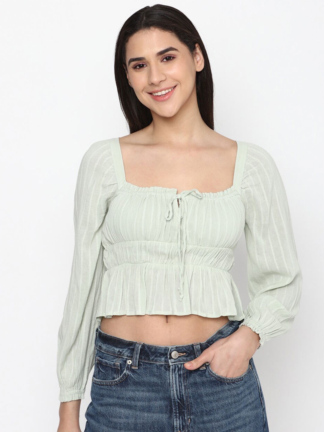 

AMERICAN EAGLE OUTFITTERS Tie-Up Neck Puff Sleeves Striped Crop Cinched Waist Top, Green