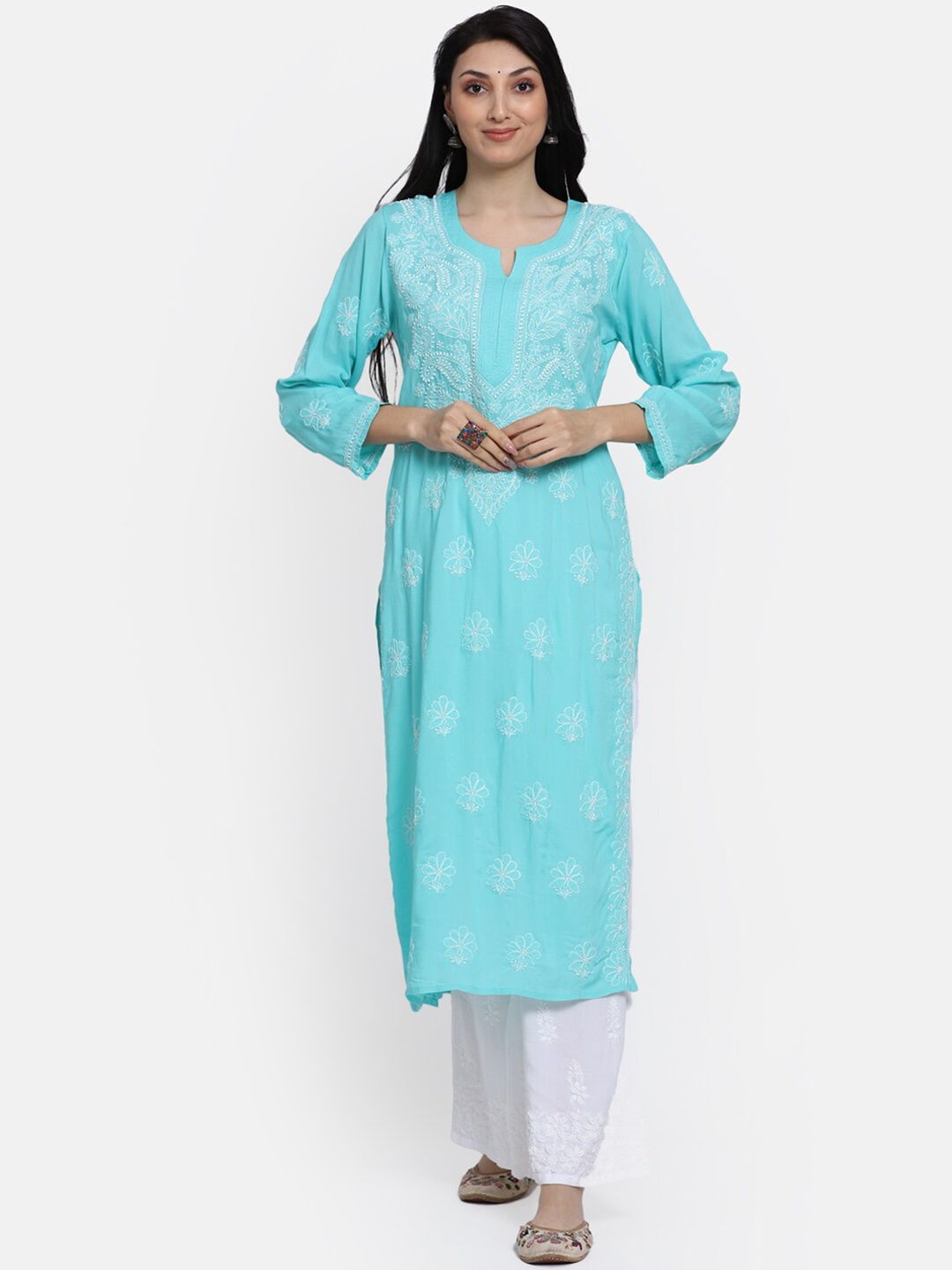 

PARAMOUNT CHIKAN Ethnic Motifs Embroidered Chikankari Straight Kurta, Blue