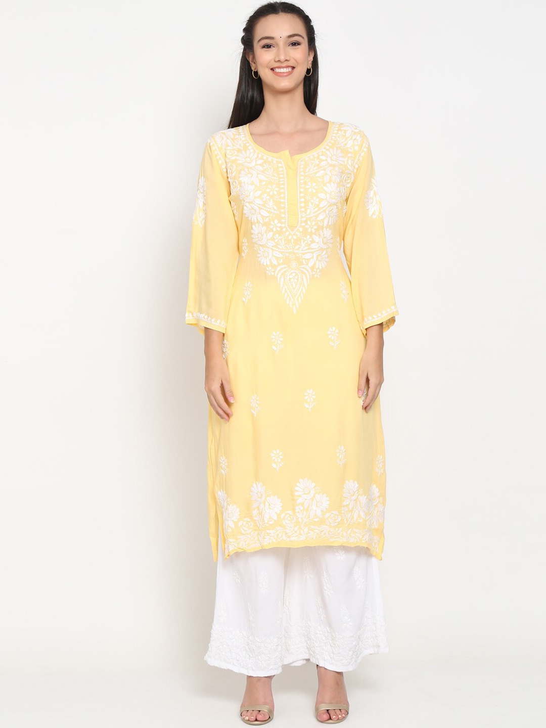 

PARAMOUNT CHIKAN Women Embroidered Chikankari Modal Floral Kurta, Yellow