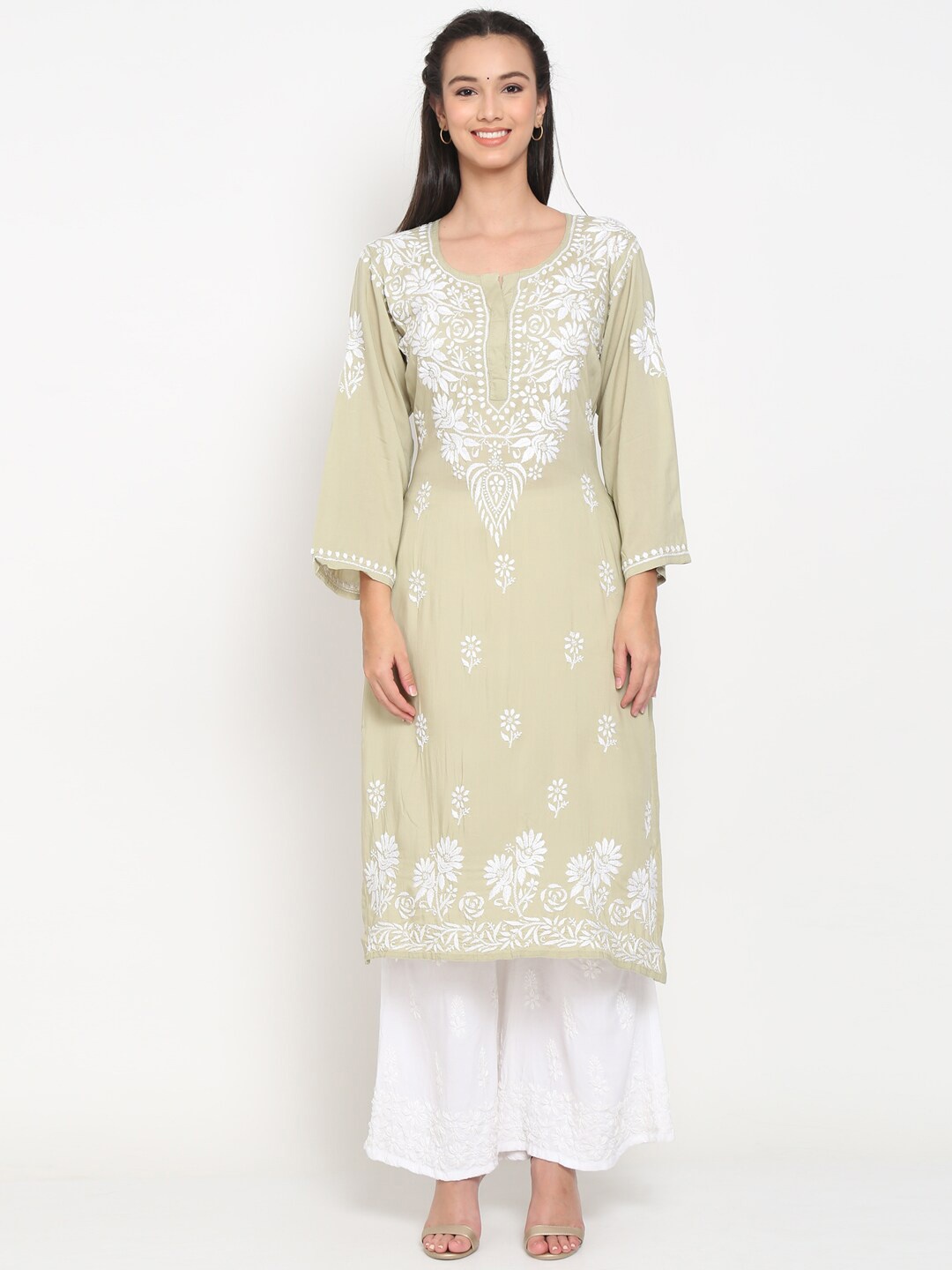 

PARAMOUNT CHIKAN Women Embroidered Chikankari Modal Floral Kurta, Olive