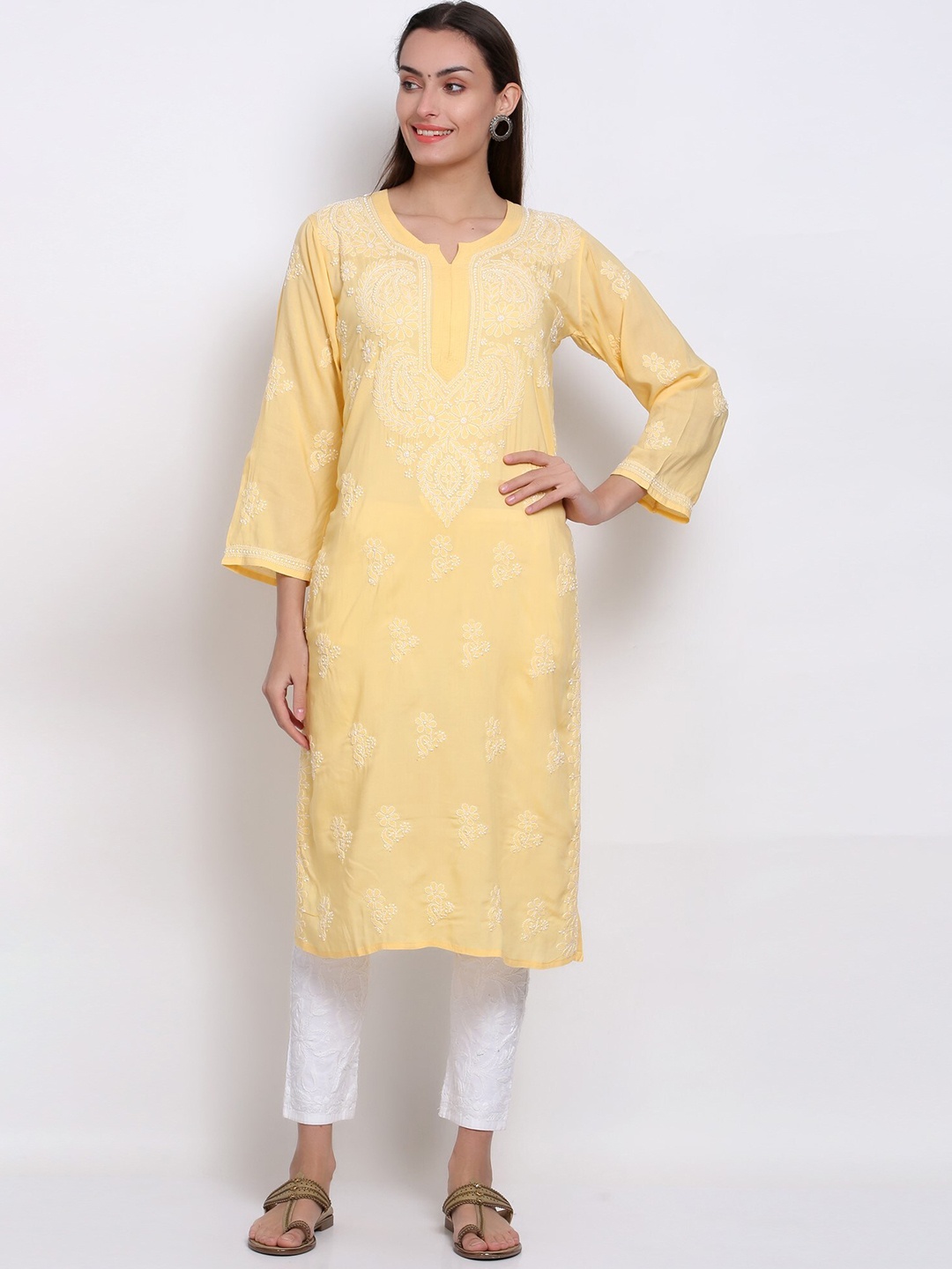 

PARAMOUNT CHIKAN Ethnic Motifs Embroidered Chikankari Floral Kurta, Yellow
