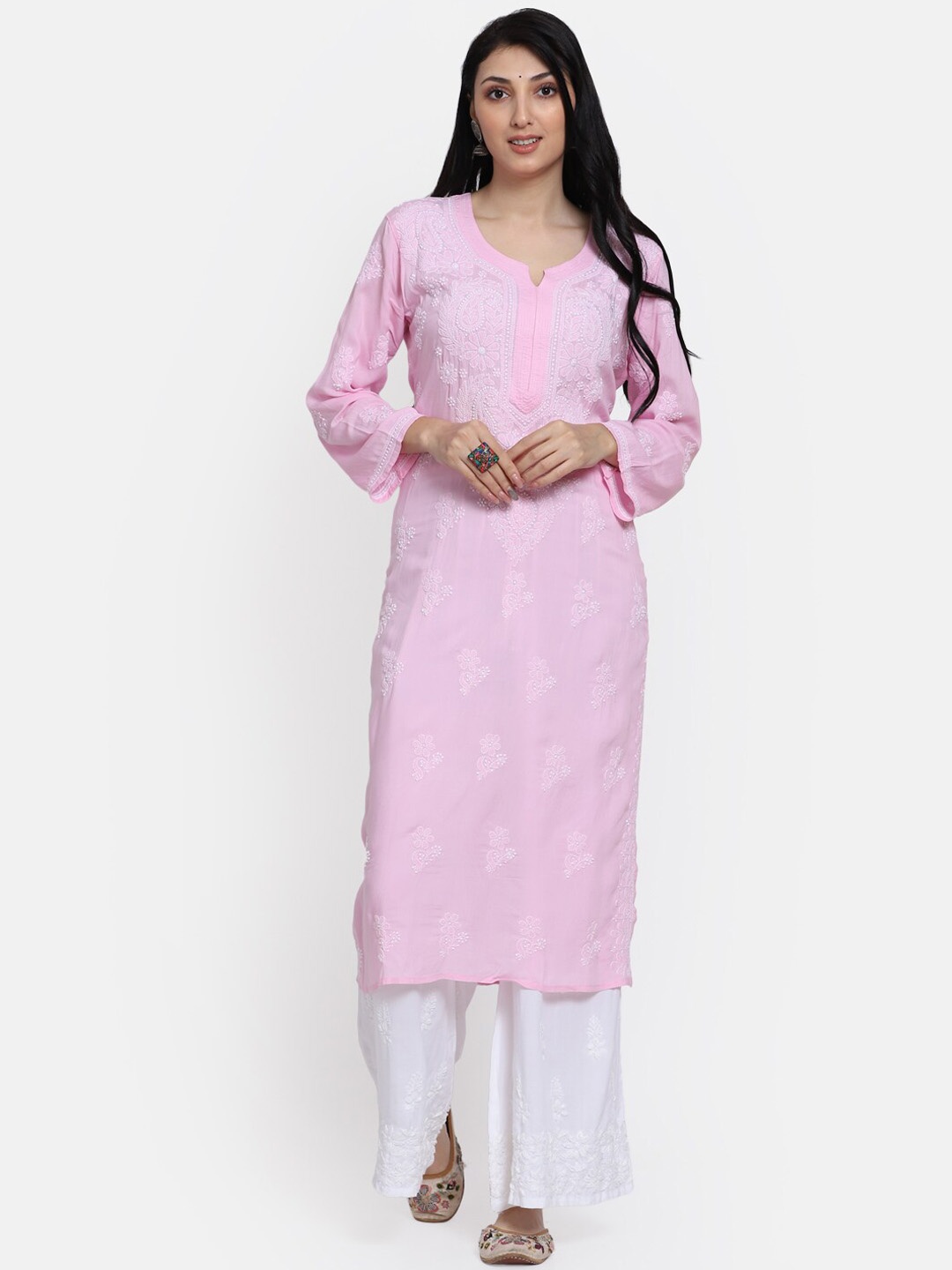 

PARAMOUNT CHIKAN Chikankari Hand Embroidered Modal Straight Kurta, Pink