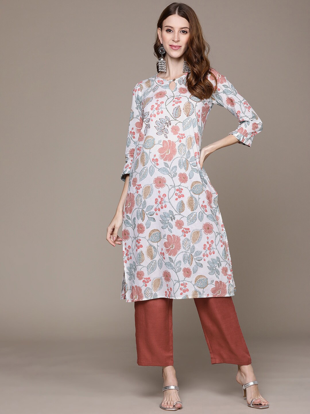 

Anubhutee Floral Printed Beads and Stones Pure Cotton Kurta with Trousers, Off white