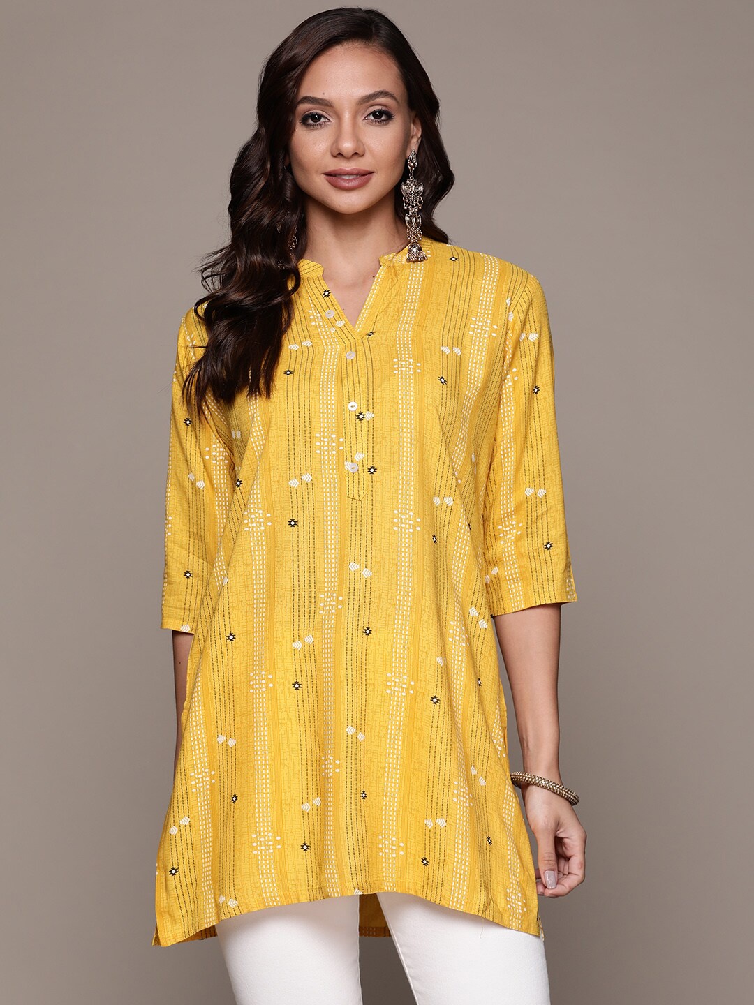 

Anubhutee Striped Printed Rayon Straight Kurti, Yellow