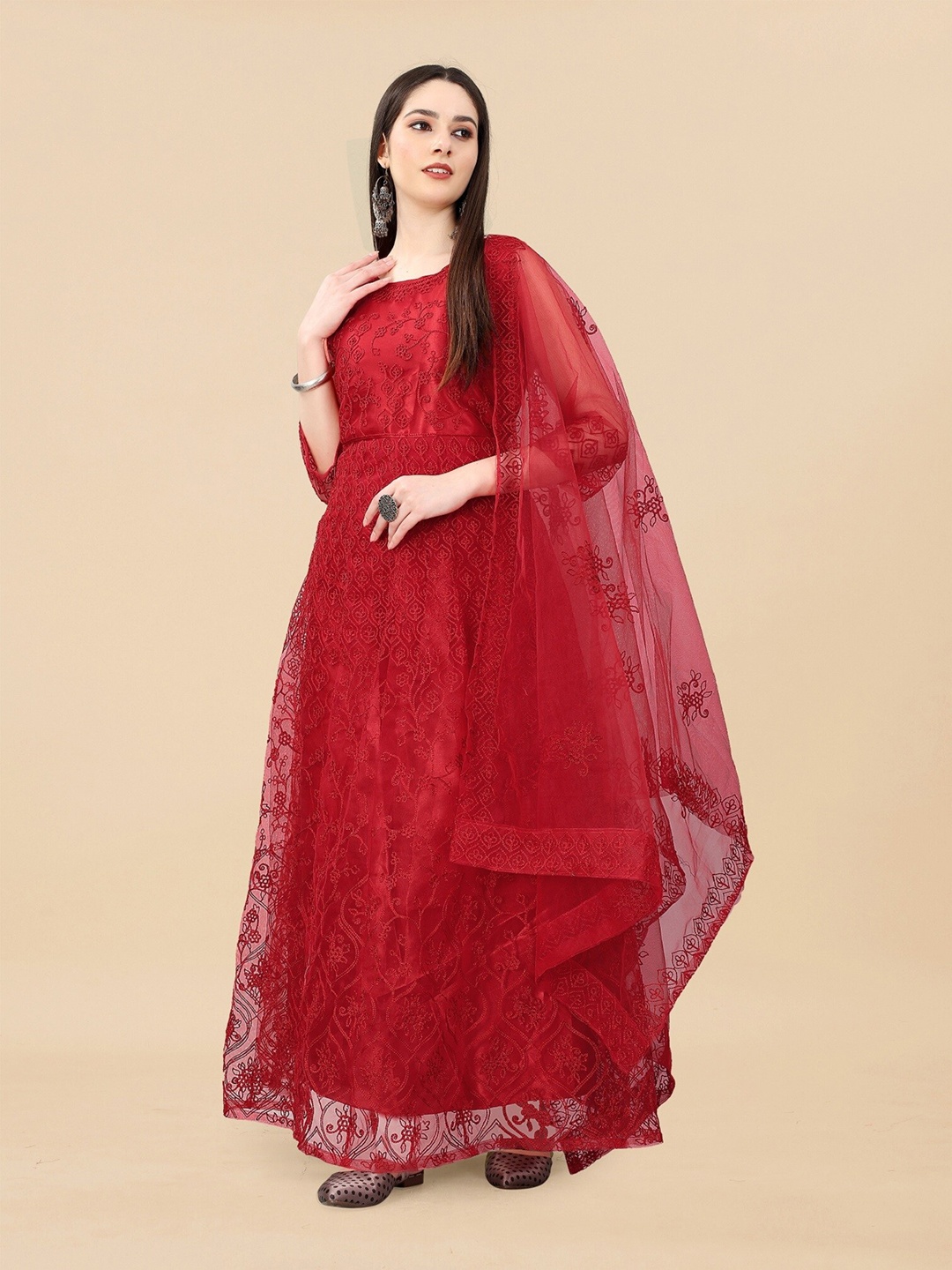 

APNISHA Floral Embroidered Net Maxi Fit & Flare Ethnic Dress With Dupatta, Maroon