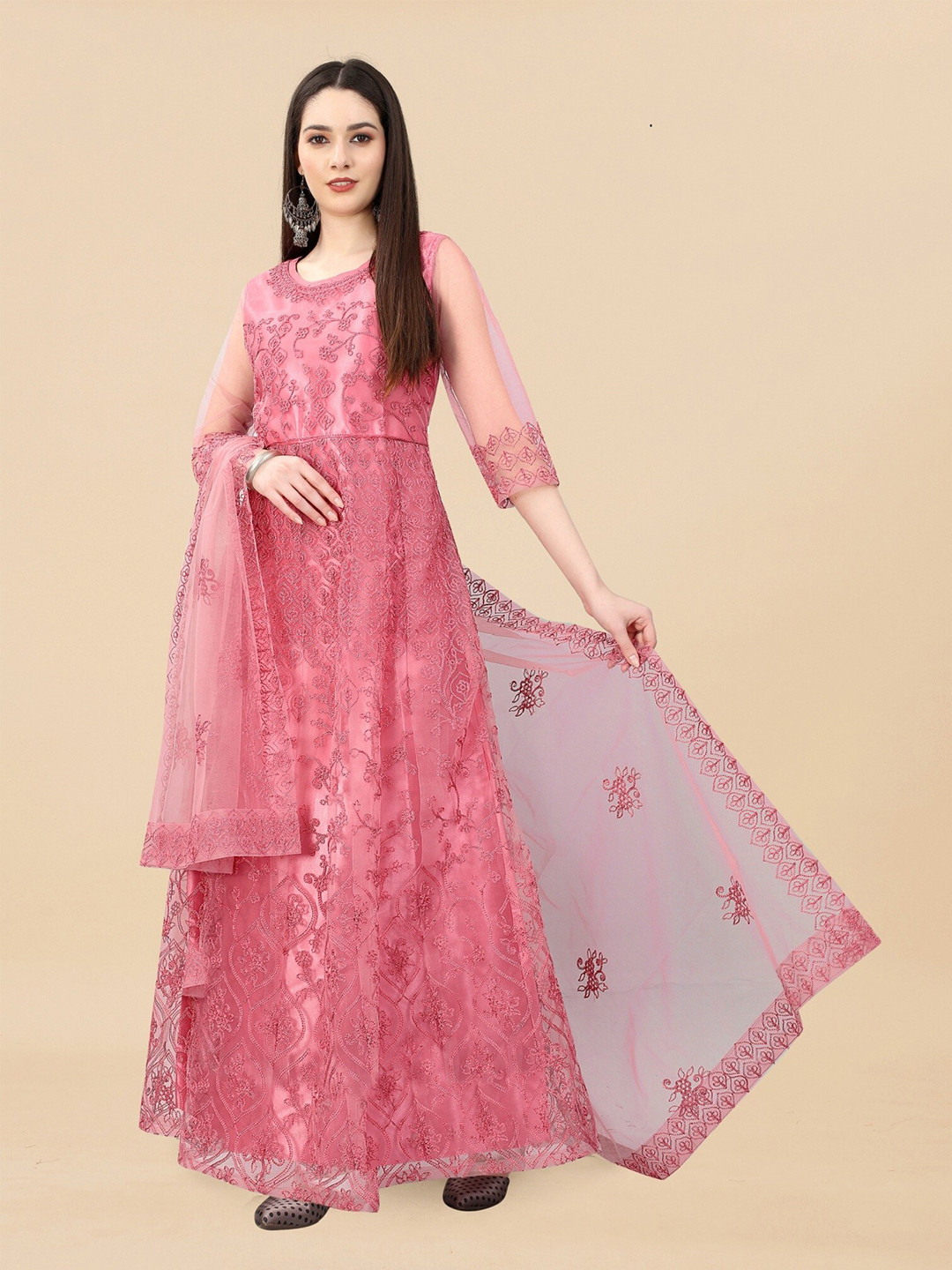 

APNISHA Floral Embellished Net Maxi Fit & Flare Ethnic Dress With Dupatta, Peach