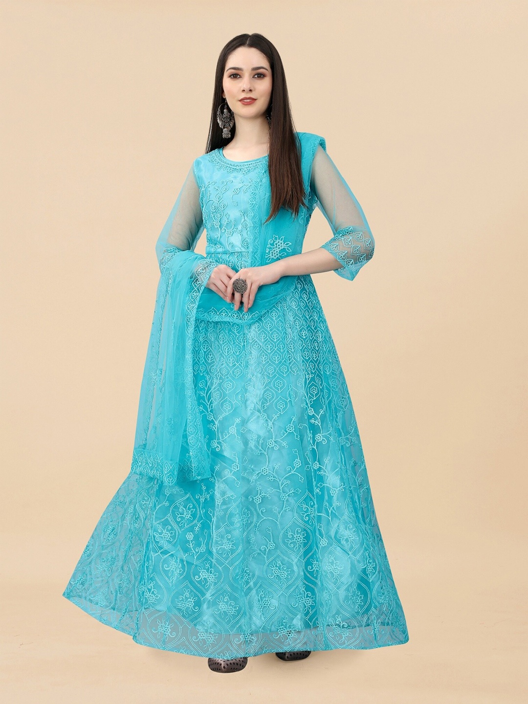 

APNISHA Floral Embroidered Net Ethnic Dress with Dupatta, Blue