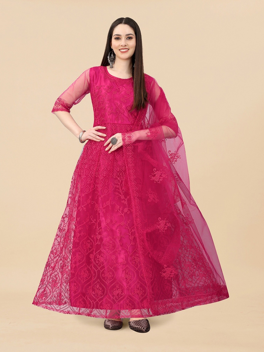 

APNISHA Floral Embroidered Net Ethnic Maxi Ethnic Dresses, Magenta