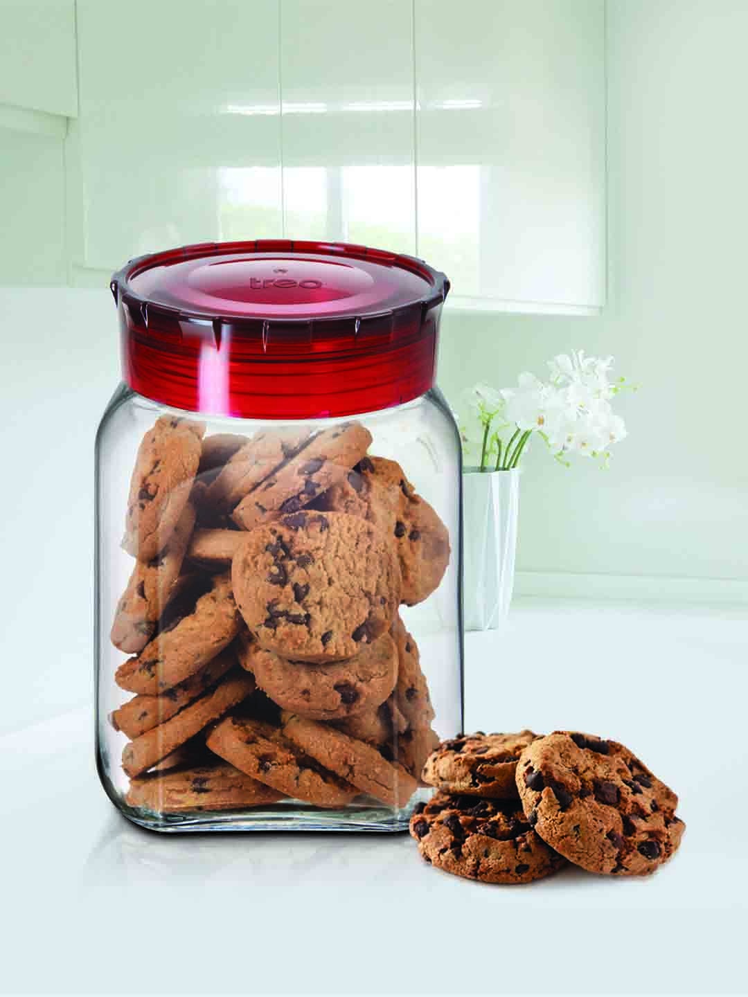 

Treo Square Transparent Glass Storage Jar With Red Lid 1.7 L