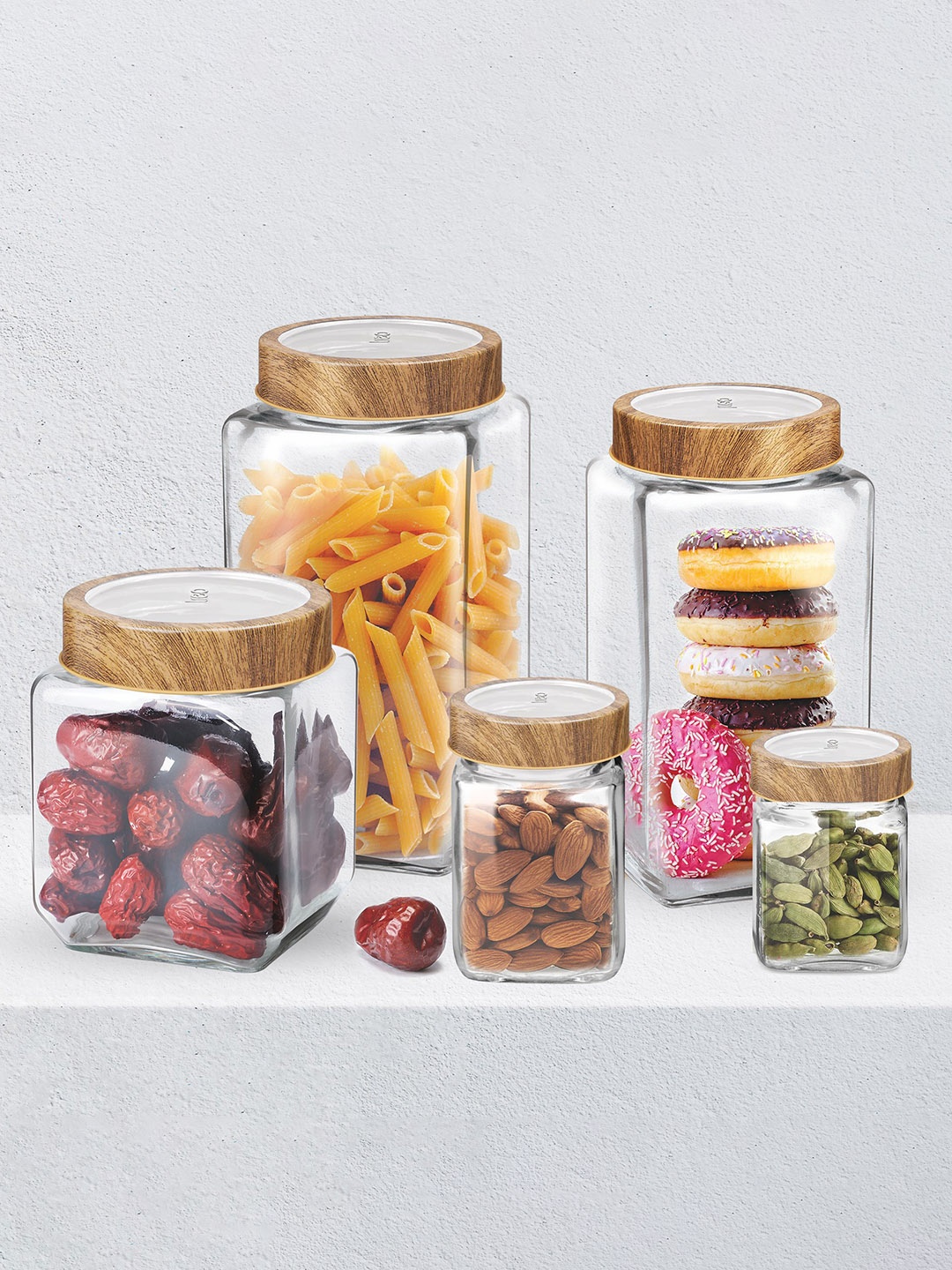 

Treo Woody Cube 6 Pcs Transparent Glass Jars 310 ml Each