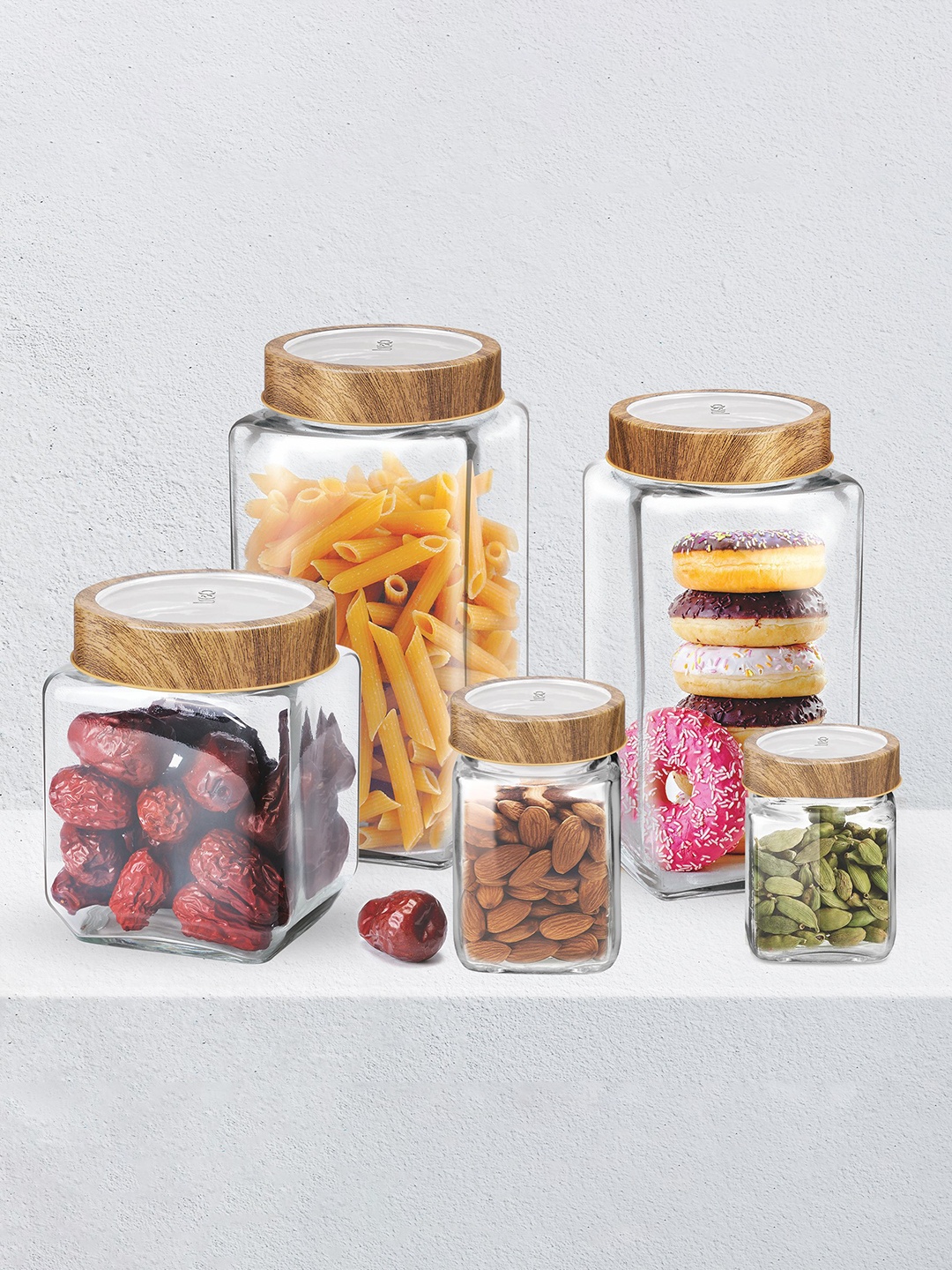 

Treo Woody Cube 6 Pcs Transparent Glass Storage Jars With Lid 180 ml Each