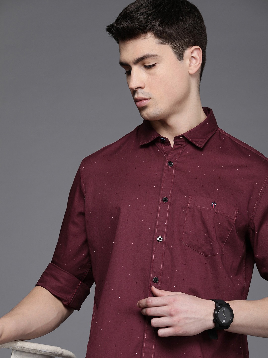 

Louis Philippe Jeans Men Slim Fit Micro Ditsy Printed Pure Cotton Casual Shirt, Burgundy