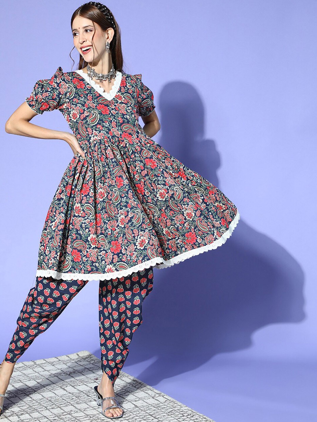 

Yufta Floral Printed Pure Cotton Kurta with Dhoti Pants, Blue