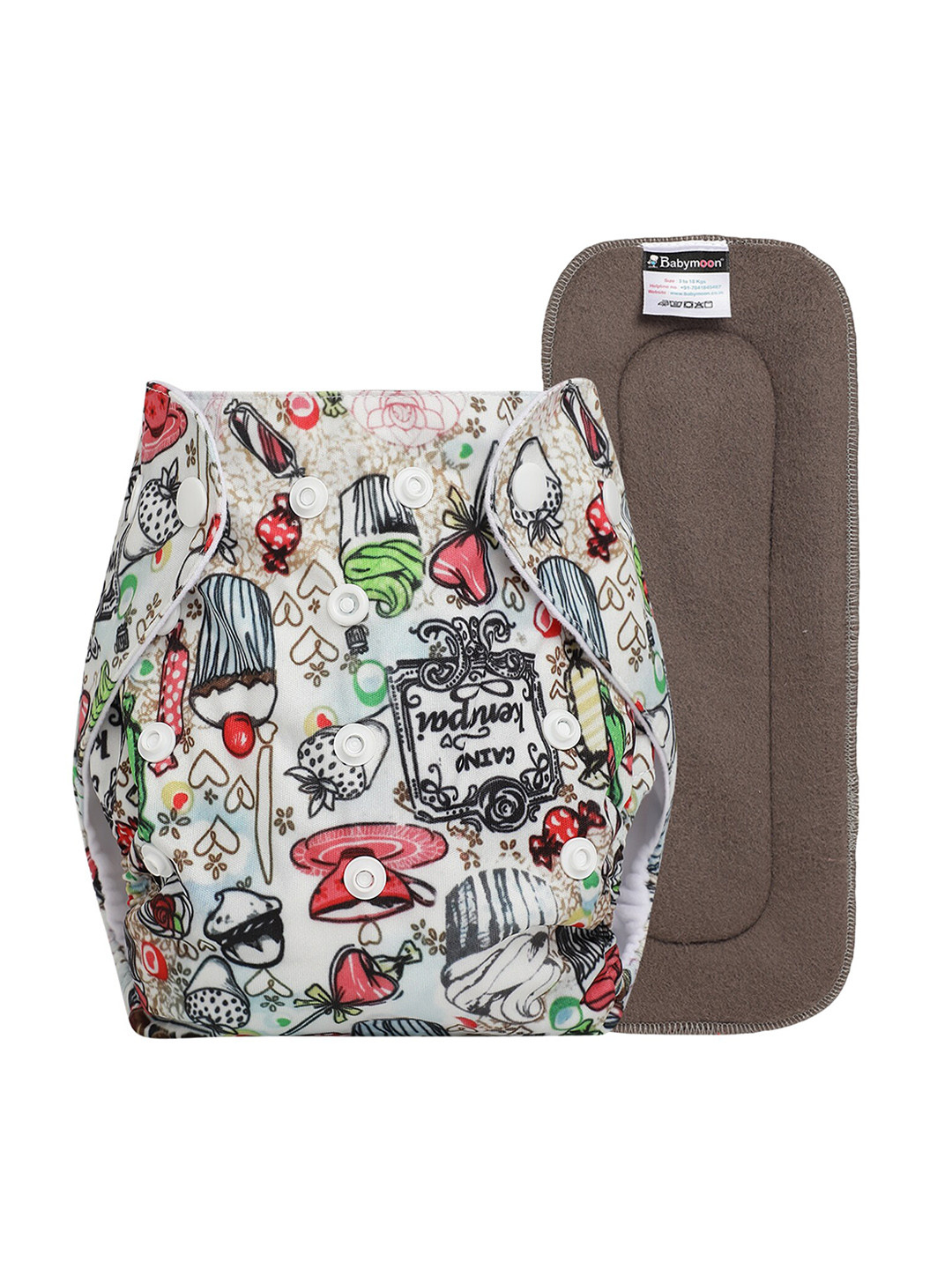 

Babymoon Kids Printed Washable Adjustable Reusable Cloth Diaper with 1 Insert, White