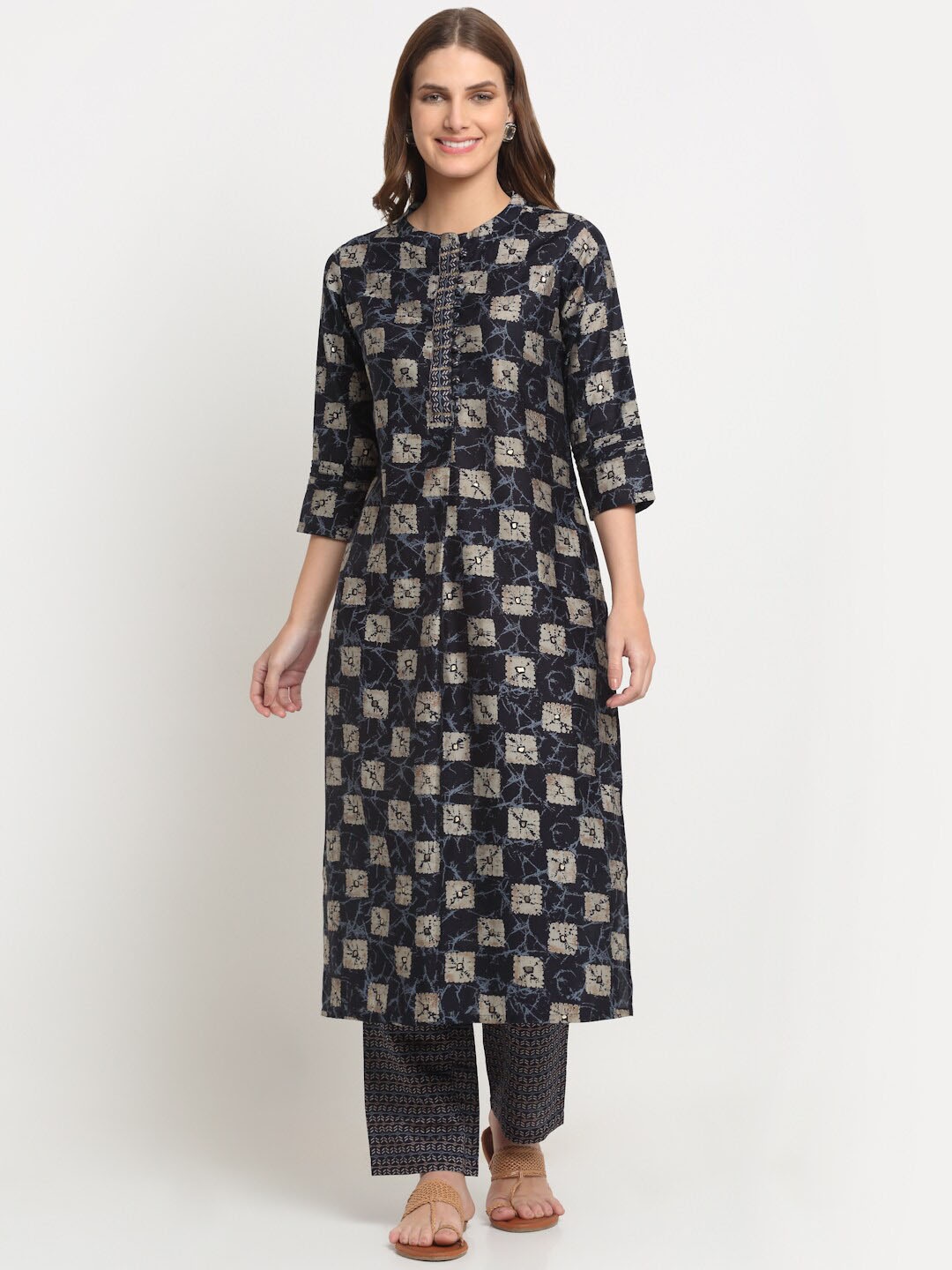 

KALINI Printed Band Collar Silk Crepe Kurta with Trousers, Blue