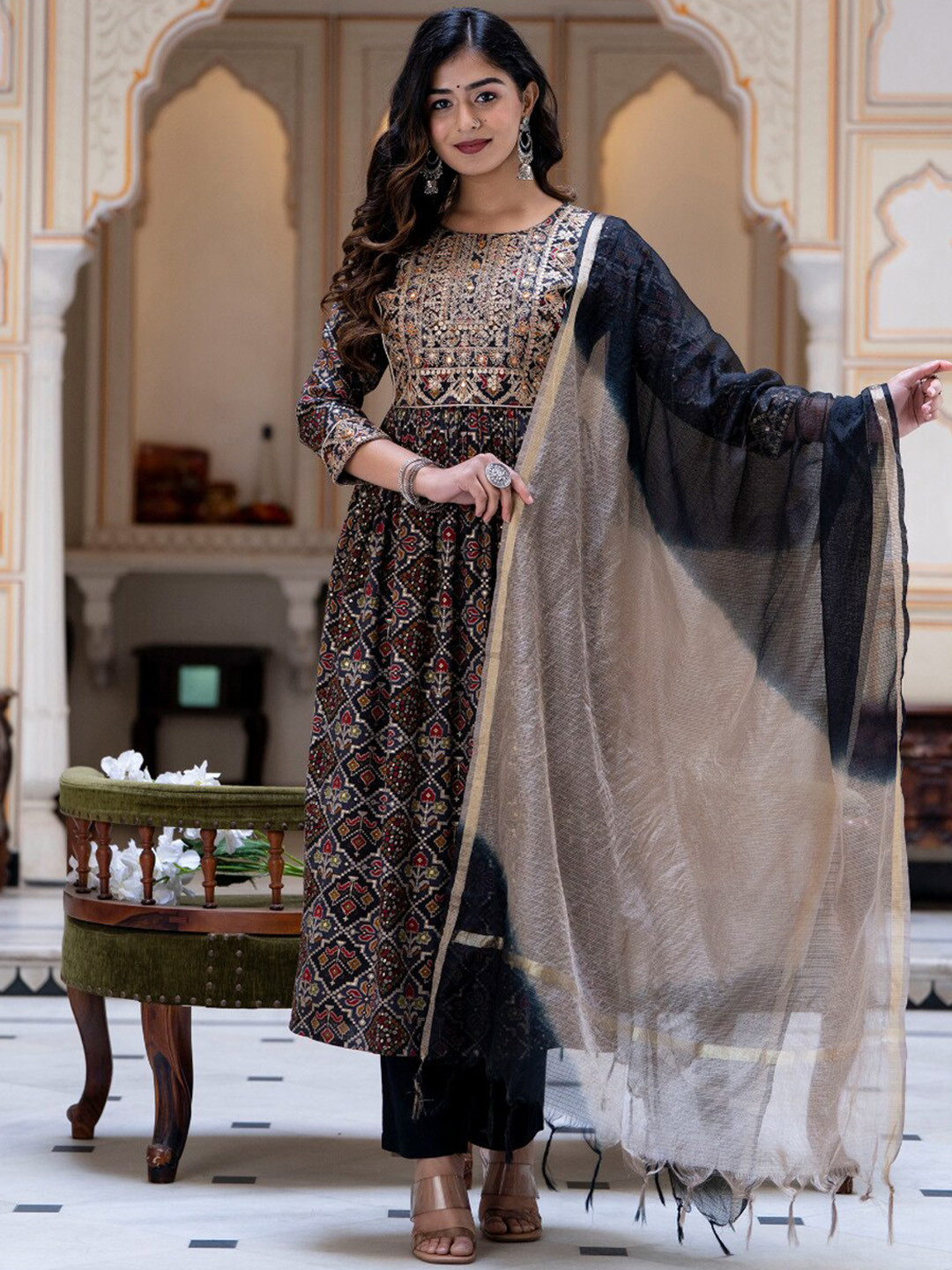 

KALINI Ethnic Motifs Printed Mirror Work Kurta With Trousers & Dupatta, Black