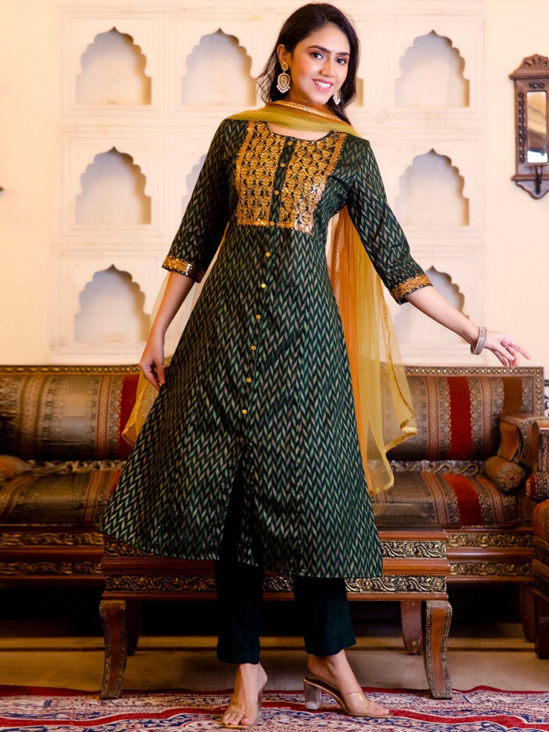

KALINI Ethnic Motifs Embroidered A-Line Kurta with Trousers & With Dupatta, Green