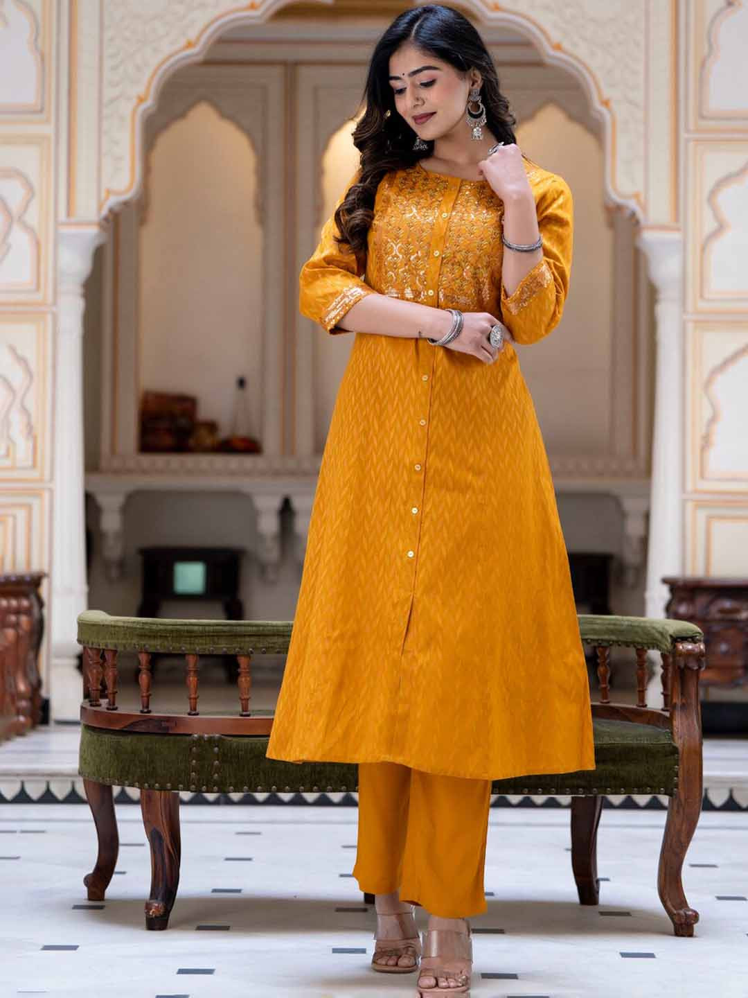 

KALINI Woven Design Sequined Kurta with Trousers & With Dupatta, Mustard