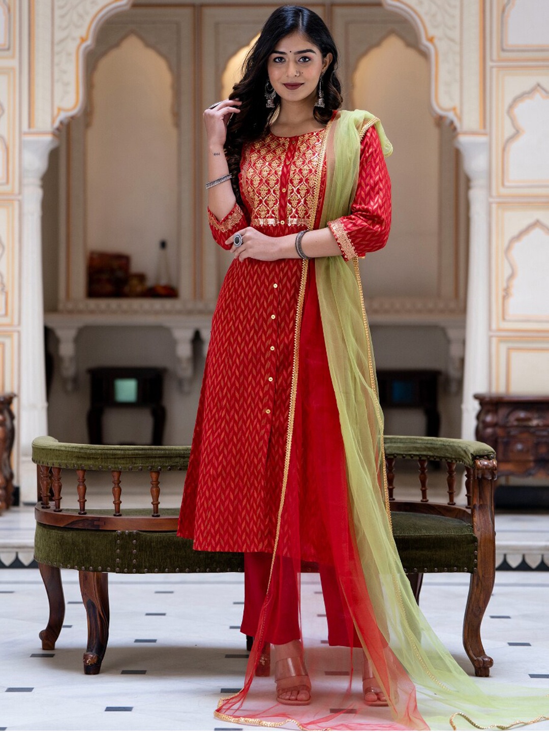 

KALINI Floral Embroidered Sequinned Kurta with Trousers & Dupatta, Red