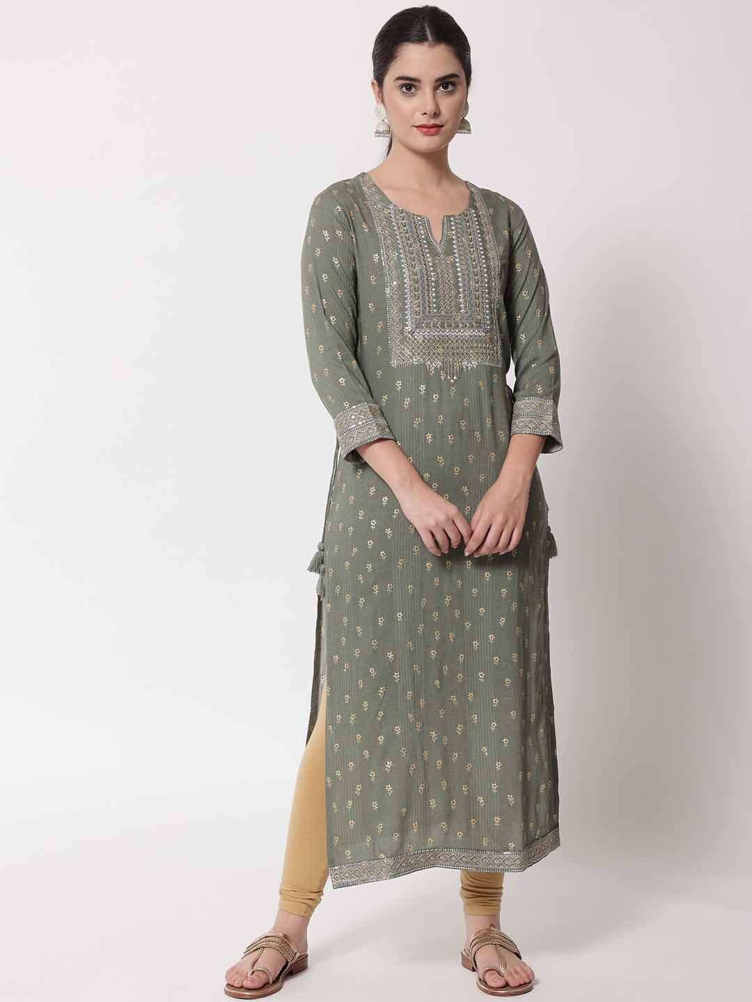 

Pankvi Floral Printed Thread Work Kurta, Grey