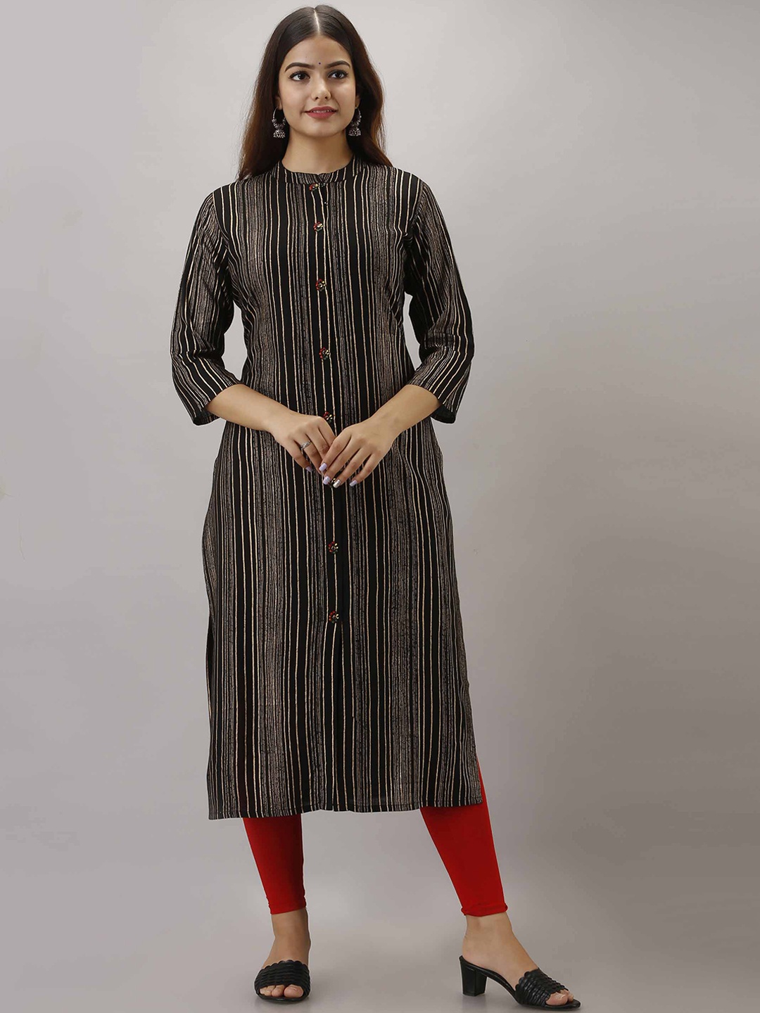

Pankvi Striped Band Collar Kurta, Black