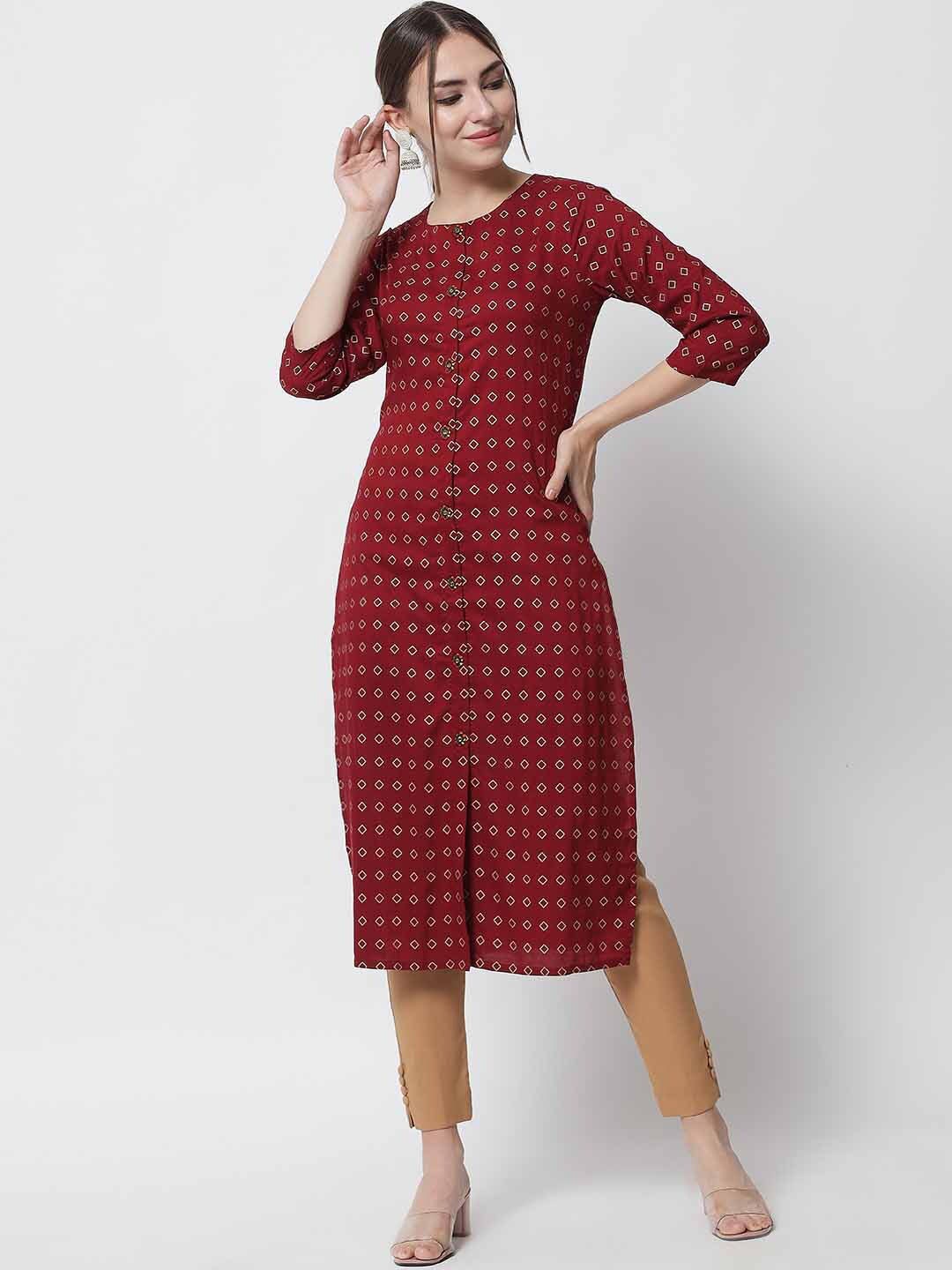 

Pankvi Geometric Print Band Collar Kurta, Maroon