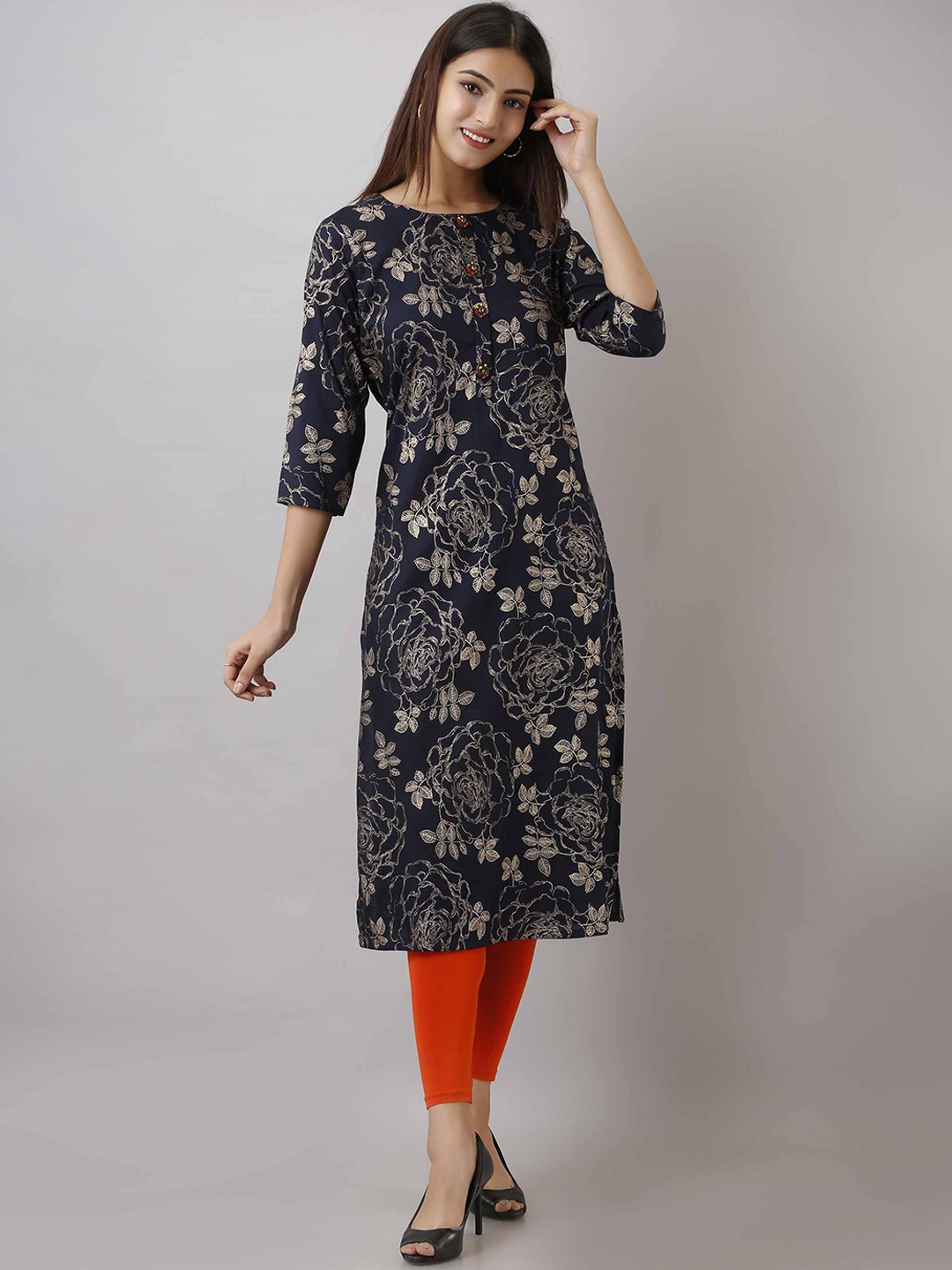 

Pankvi Ethnic Motifs Foli Printed Kurta, Navy blue