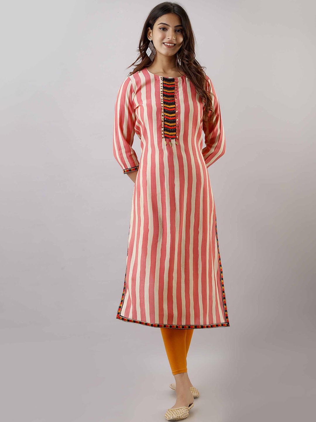 

Pankvi Striped Beads & Stones Kurta, Peach