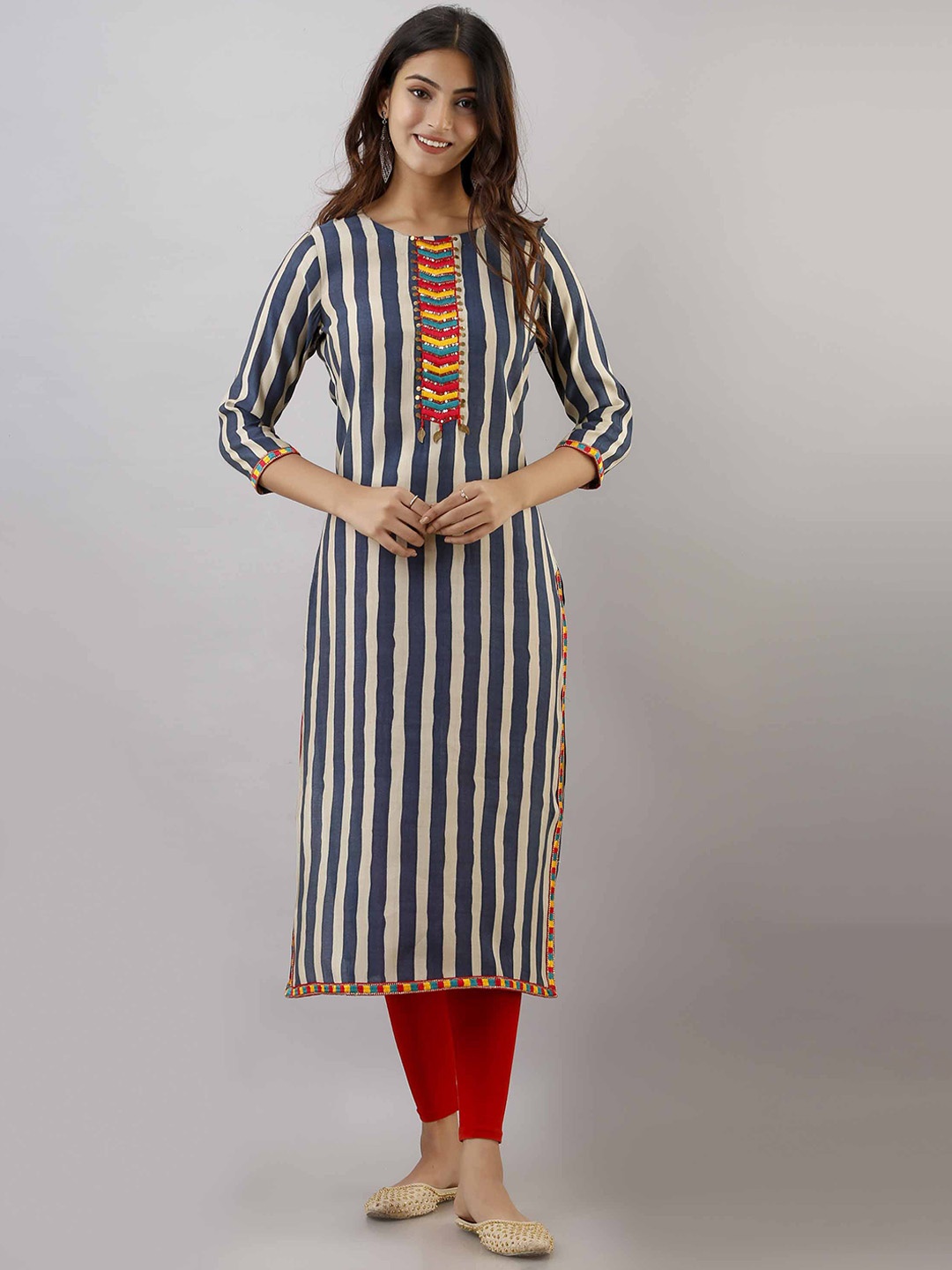 

Pankvi Striped Sequinned Straight Kurta, Blue