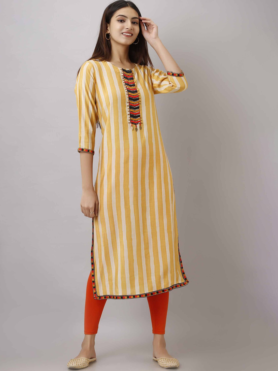 

Pankvi Striped Sequinned Straight Kurta, Yellow