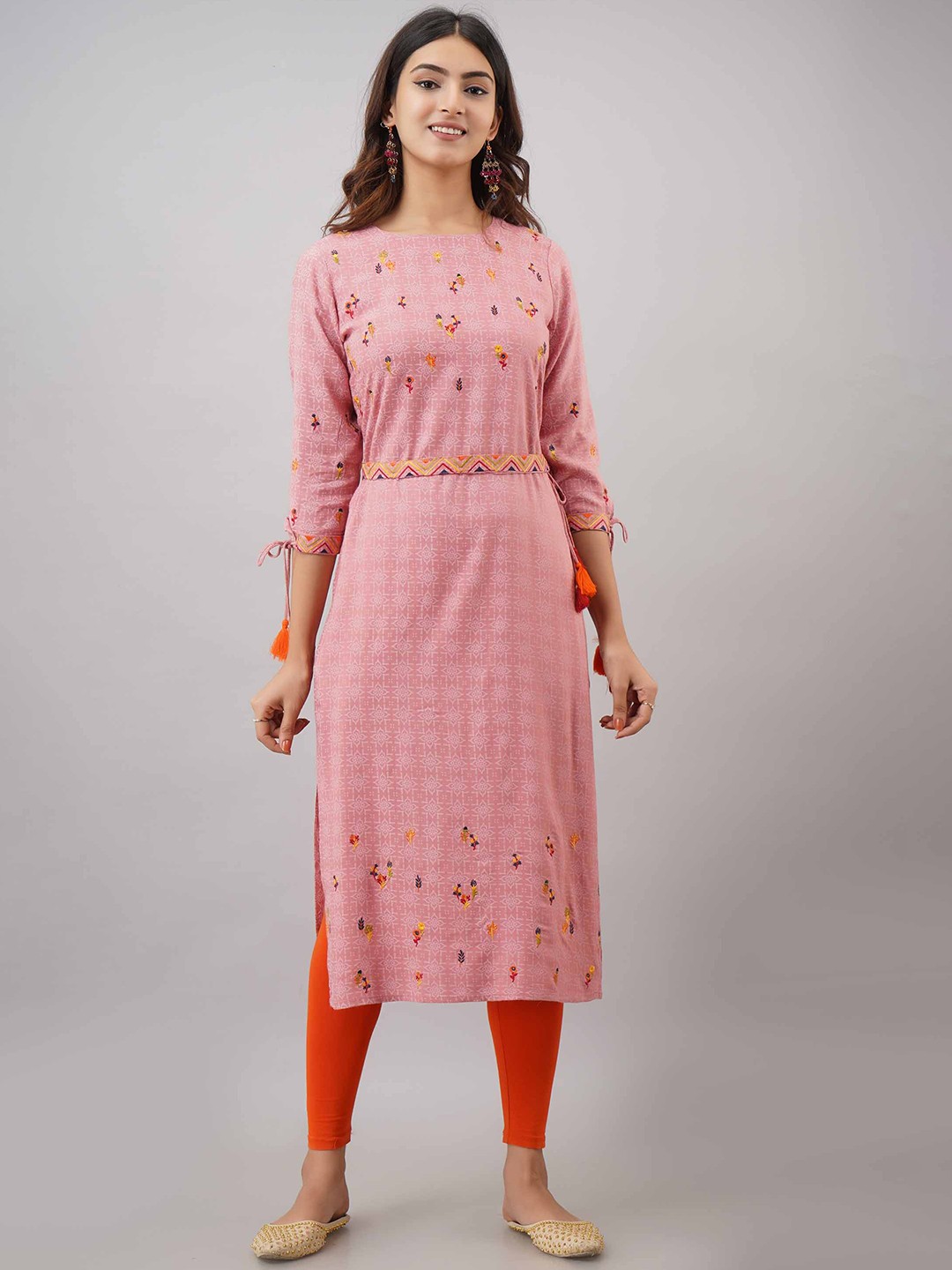 

Pankvi Ethnic Motif Printed With Floral Thread Work Straight Kurta, Pink